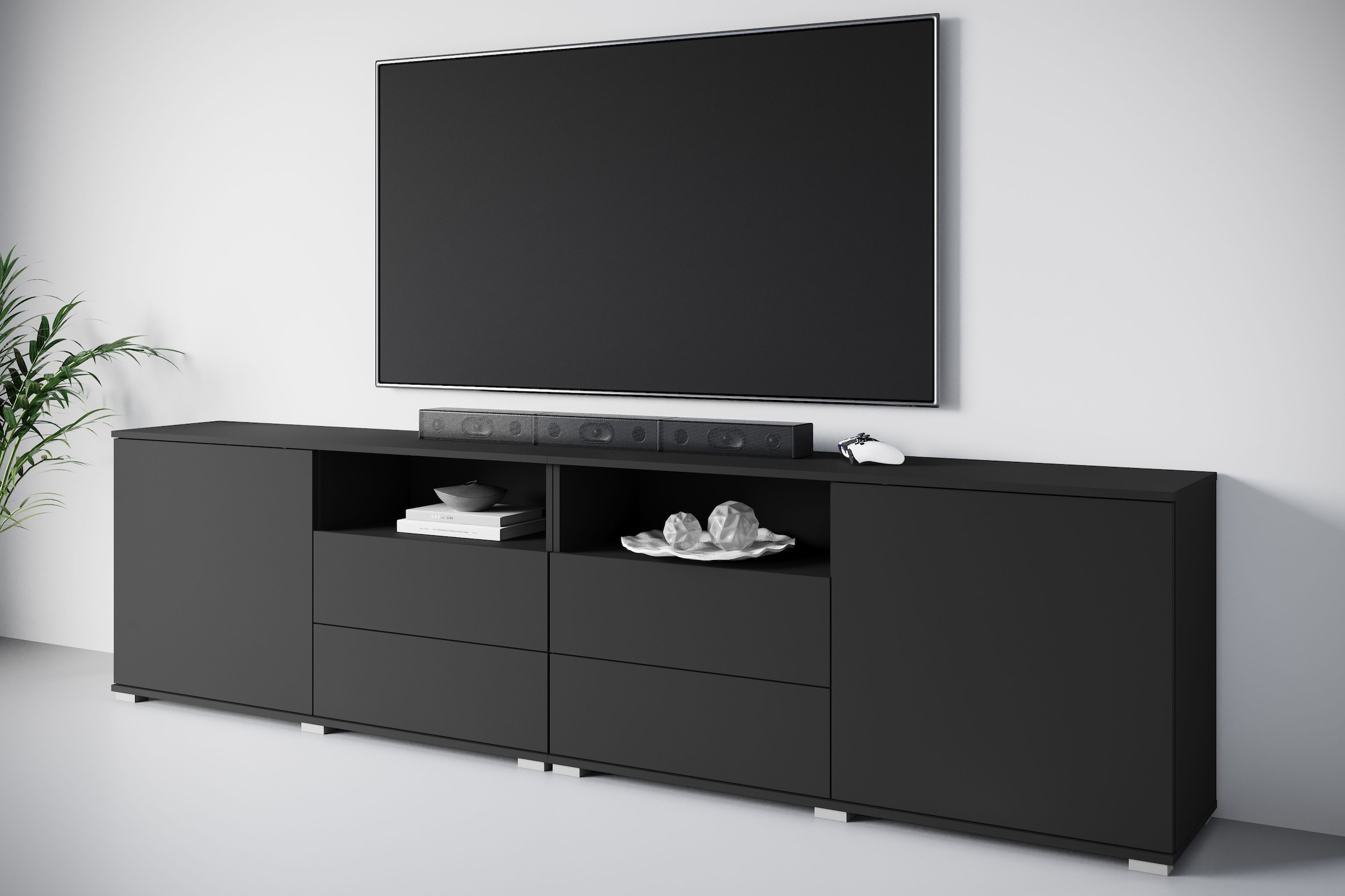 GOODproduct Lowboard »Kenia, TV-Schrank, 240 cm breit, mit 2 Türen und 4 Schubladen« 1 Stk. tlg. Höhenverstellbare Einlegeböden und offene Ablagefächer
