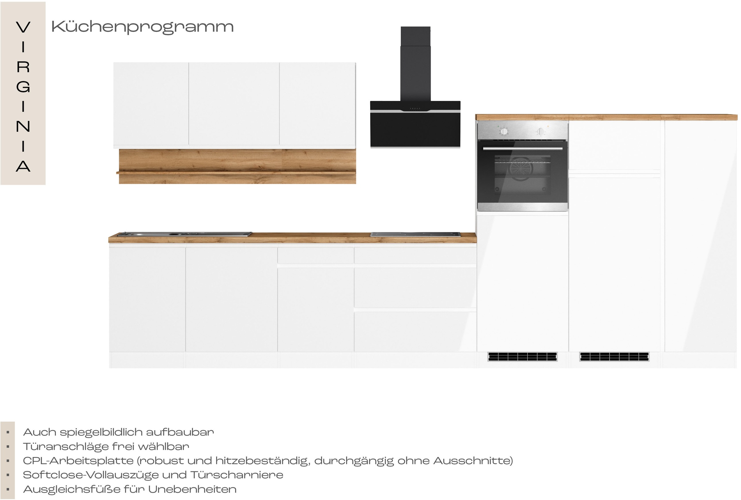 KOCHSTATION Küchenzeile »KS-Virginia,neu in verbesserter Ausführung« Arbeitsplatte 38 mm stark, Stauraum, Softclose,  Breite 410 cm, Softclose, wahlweise mit E-Geräten und Induktion