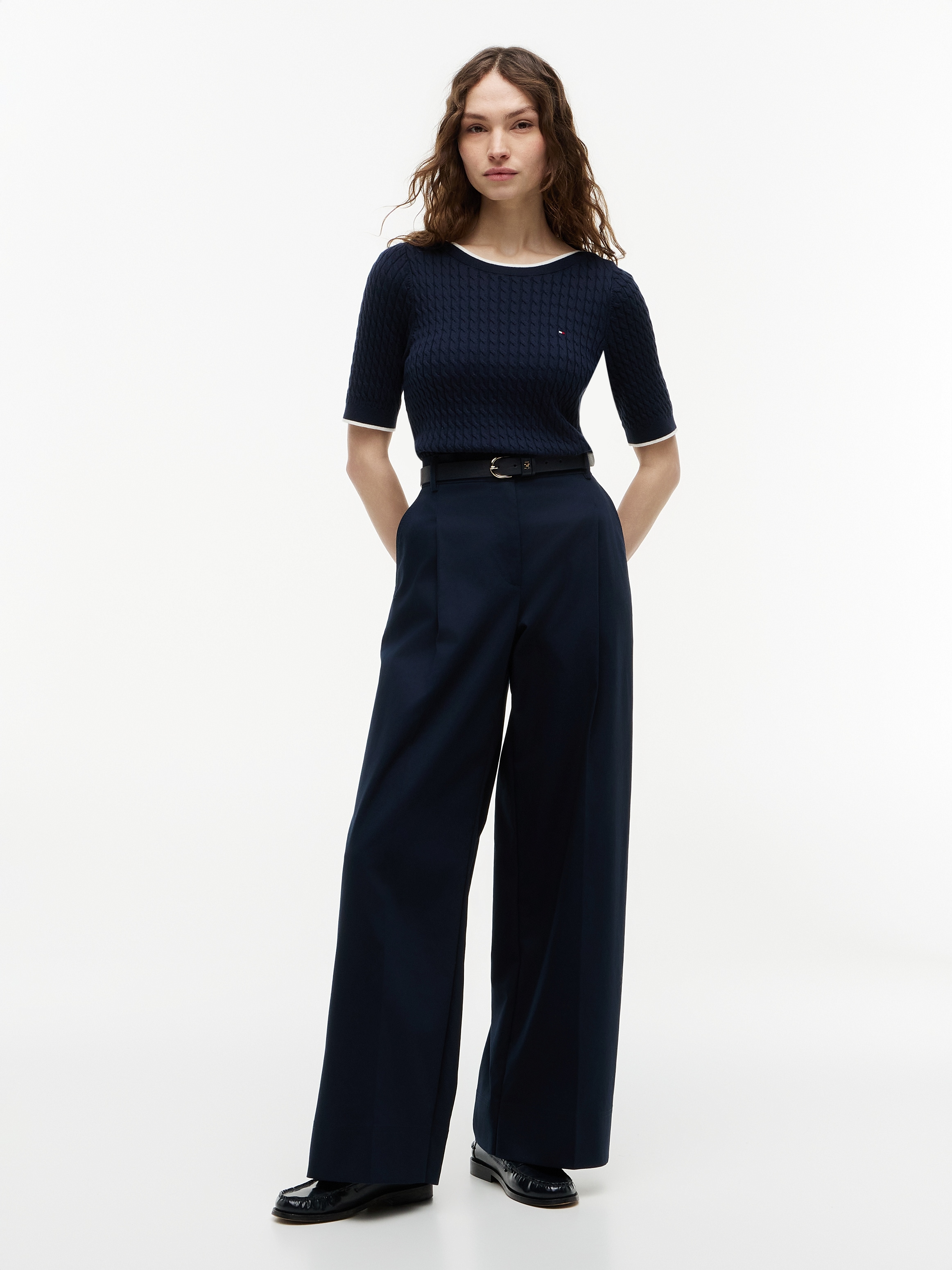 Tommy Hilfiger Pull à manches courtes »FINE GG CABLE BOAT NK S/S« Coton, avec motif torsadé