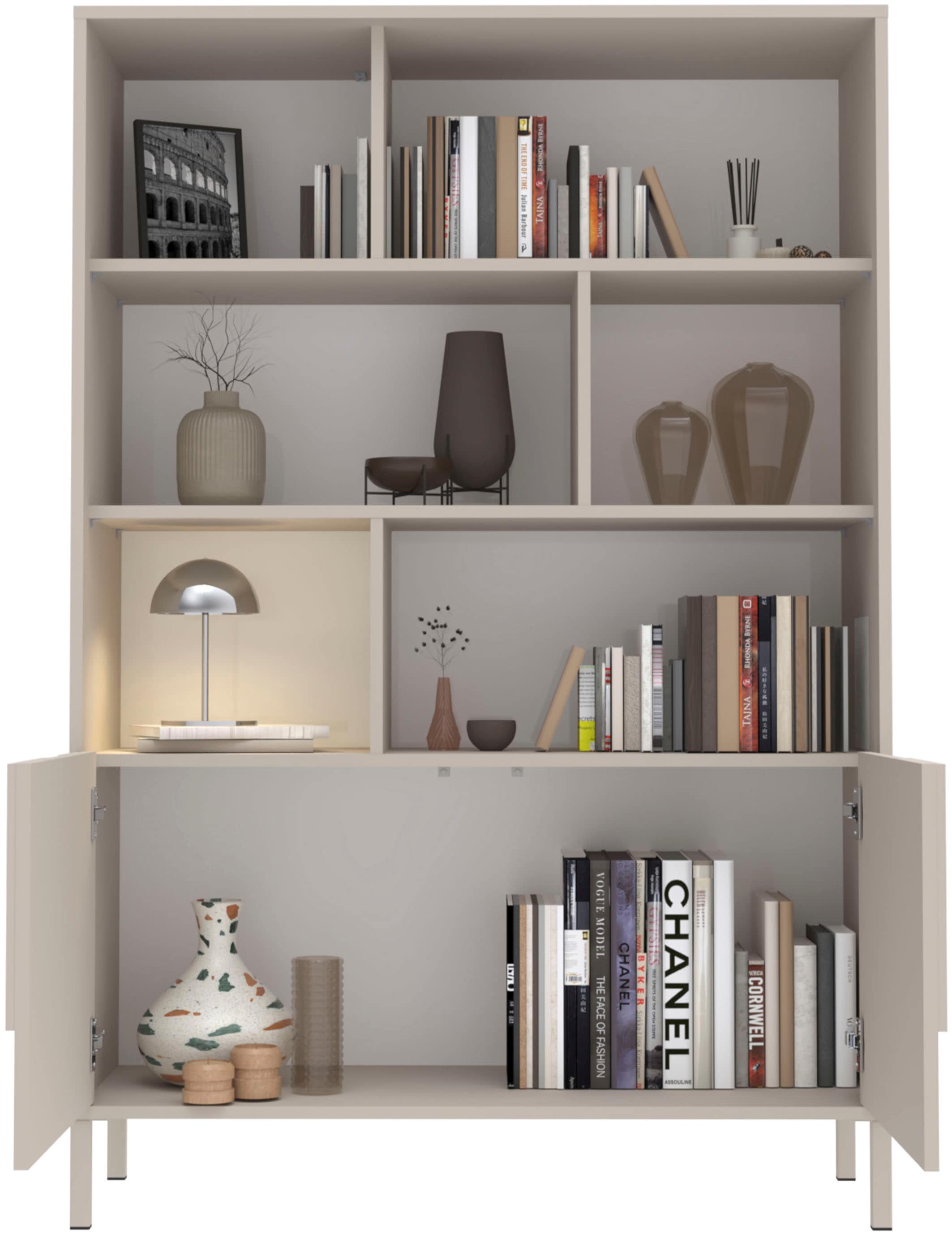 INOSIGN Highboard »Stone, H 155/141, B 105 cm, 2 Türen, 6 offene Fächer, Regal-Schrank« 3D-Design, Push-to-open, Stauraum dekorativ & praktisch, Füsse wählbar