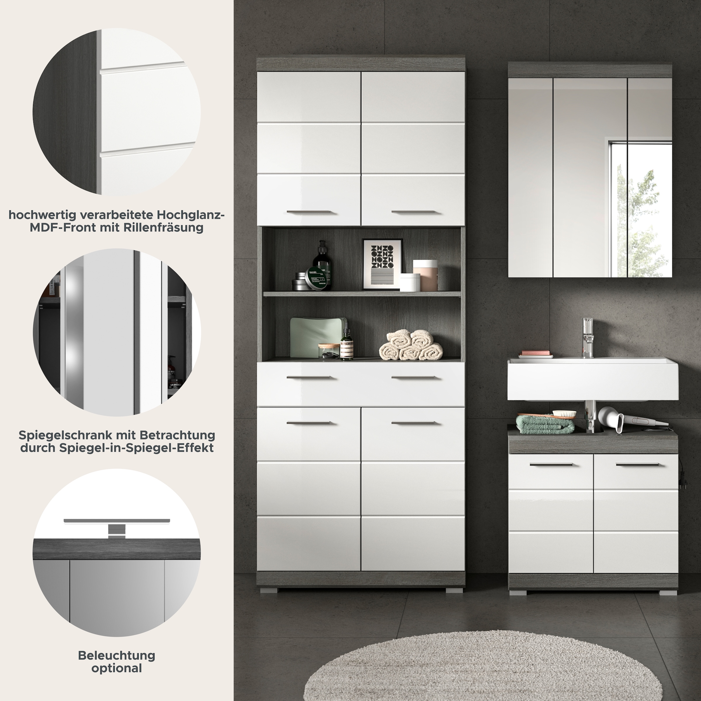 welltime Badmöbel-Set »SIENA, TOPSELLER!, Breite 149cm, 3-teiliges Set« Set, bestehend aus: Hochschrank, Waschbeckenunterschrank & Spiegelschrank, 3 Stk. tlg.