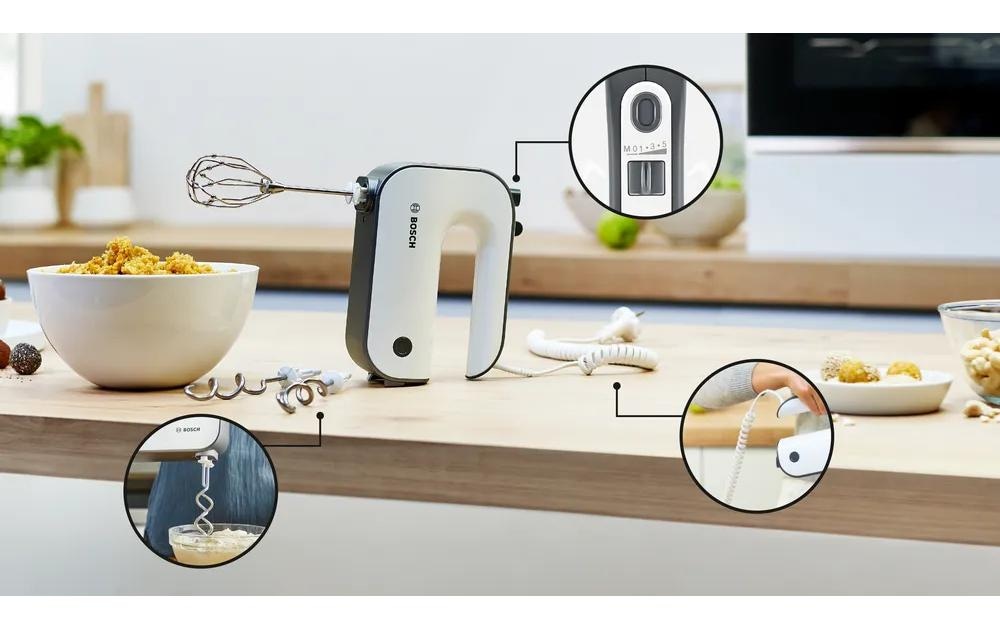 BOSCH Mixeur à main »MFQ49300, Edelst. Rührbesen/Knethaken, 5 Stufen, Spiralkabel« 850 W Turbotaste, Soft-Touch-Griff, leichtes Gehäuse, Made in Europe
