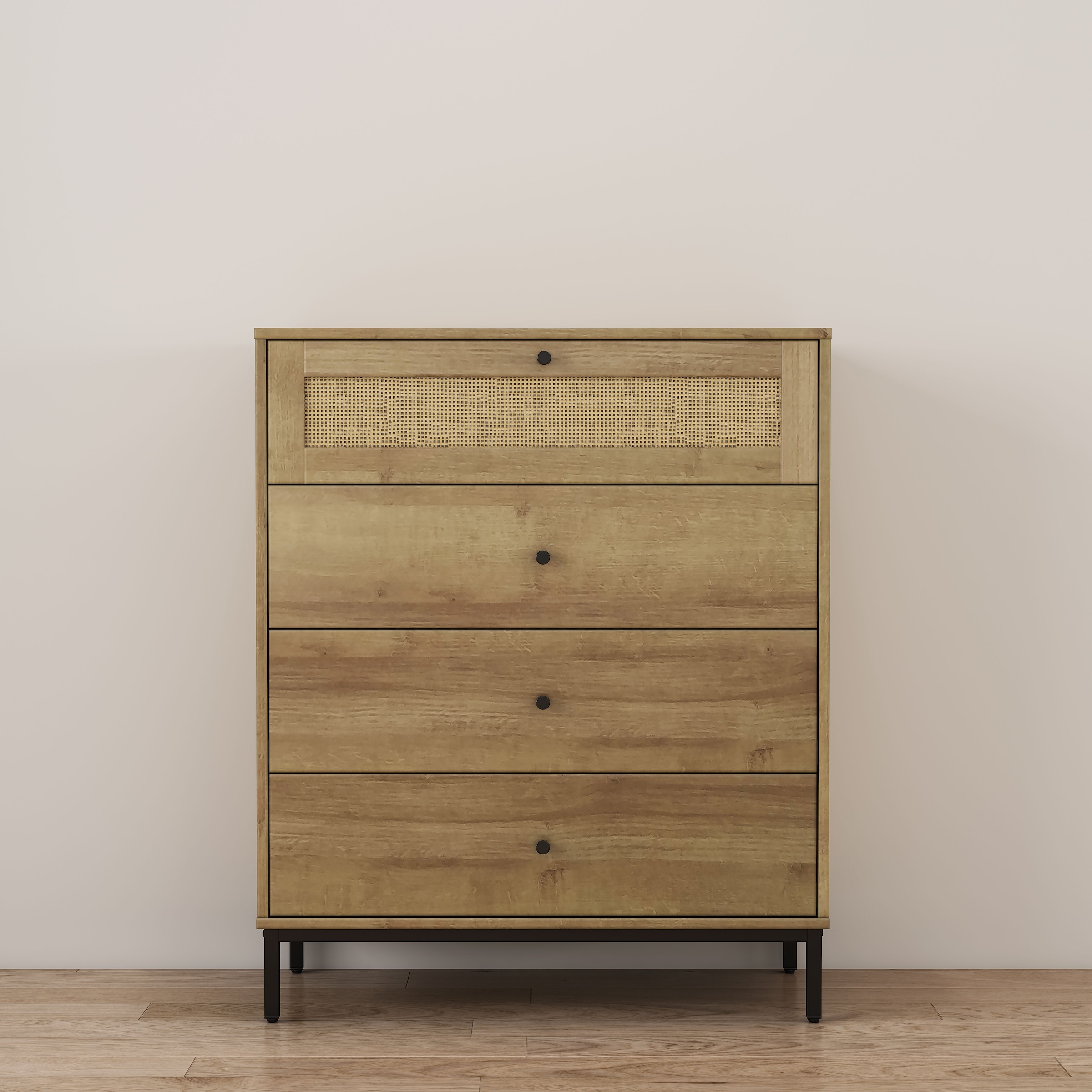 GOODproduct Kombikommode »Motala Sideboard Wäscheschrank im BOHO Design Bestseller Kommode« Eichen-Design mit Geflecht Schublade und schwarzen Griffen, 