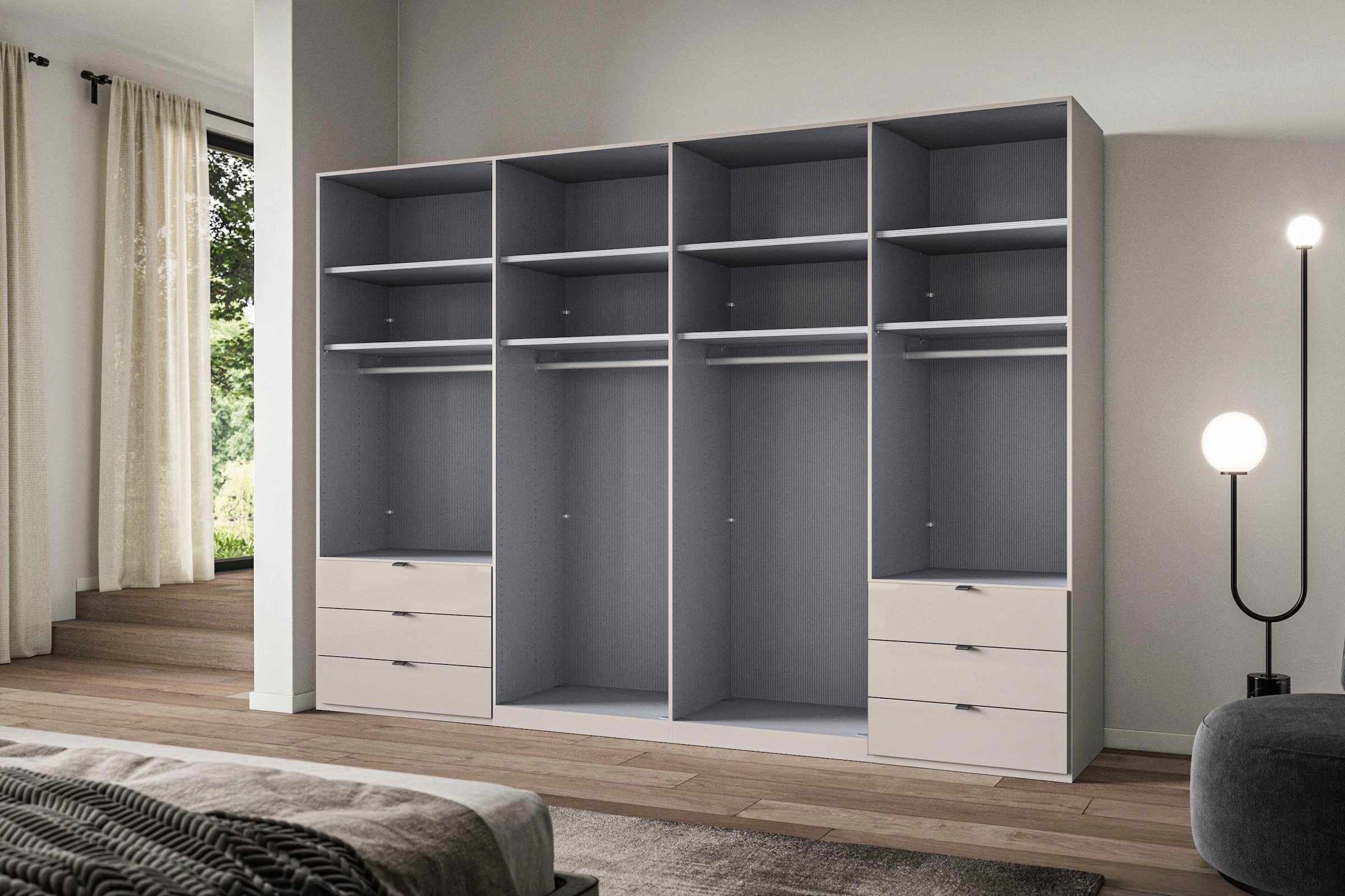 WIEMANN Armoire à portes pliantes »Ohio, Kleiderschrank, Schrank, Garderobe, mit Schubladen, 300 cm« inklusive Einlegeböden & Kleiderstangen, 2 Höhen, MADE IN GERMANY,  inklusive Tür und Schubkastendämpfung, hochwertige Glasfront