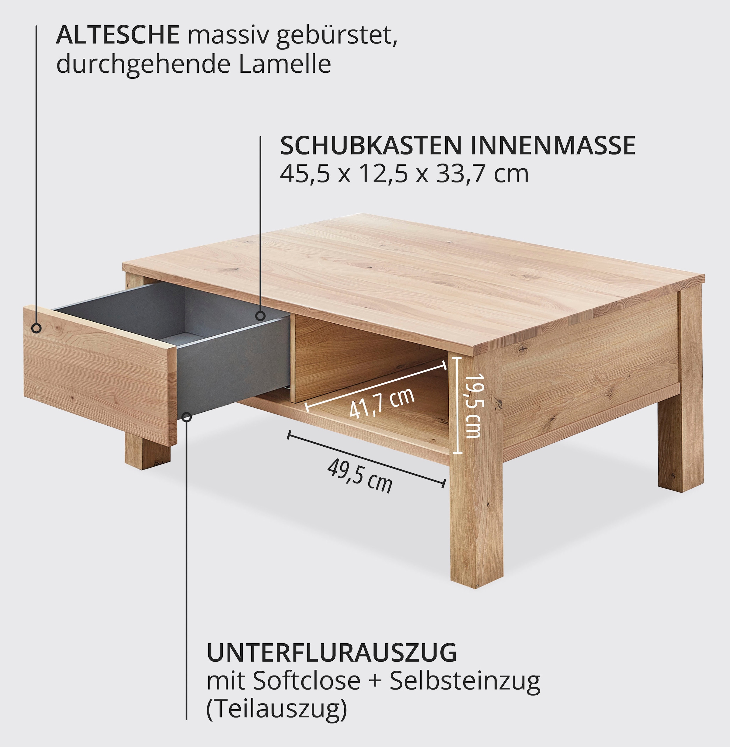 Wohnconcept Table basse »Malaga Couchtisch, 115x45x65 (BxHxT)« 1 cuis tlg. plateau en bois massif, 1 tiroir, 3 compartiments ouverts, protection d’angle ABS