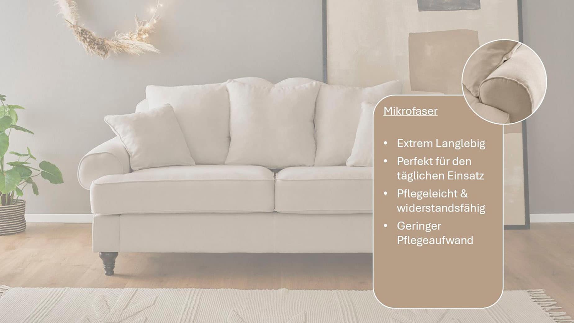 GOODproduct 3-Sitzer »Westminster, Sofa im Landhausstil, Couch mit Zierkissen« Federkern-Polsterung, gedrechselter Fuss, hochwertiger Microfaserbezug