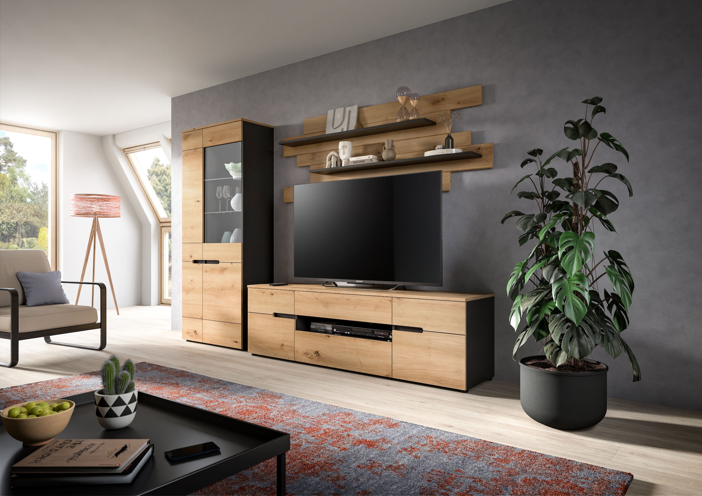 Home affaire Meuble mural »REHAT, TOPSELLER!, 3-teilig, Breite 280 cm, individuell stellbar« Set composé de : vitrine, meuble bas et étagère murale, 3 cuis tlg.