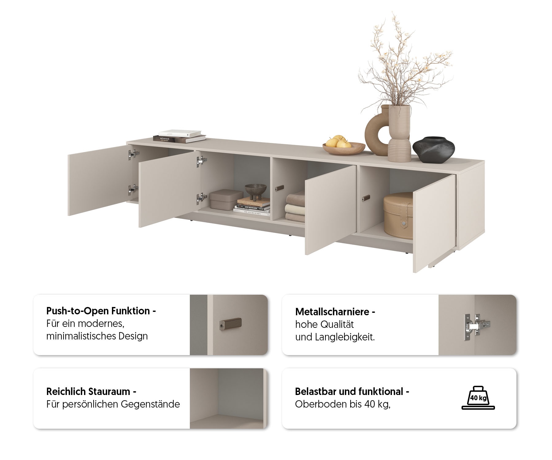 GOODproduct Lowboard »Tatami, Modernes griffloses TV-Board, Breit 220,50cm, TV-Schrank« TV-Schrank, TV-Board mit viel Stauraum, push-to-open-Funktion