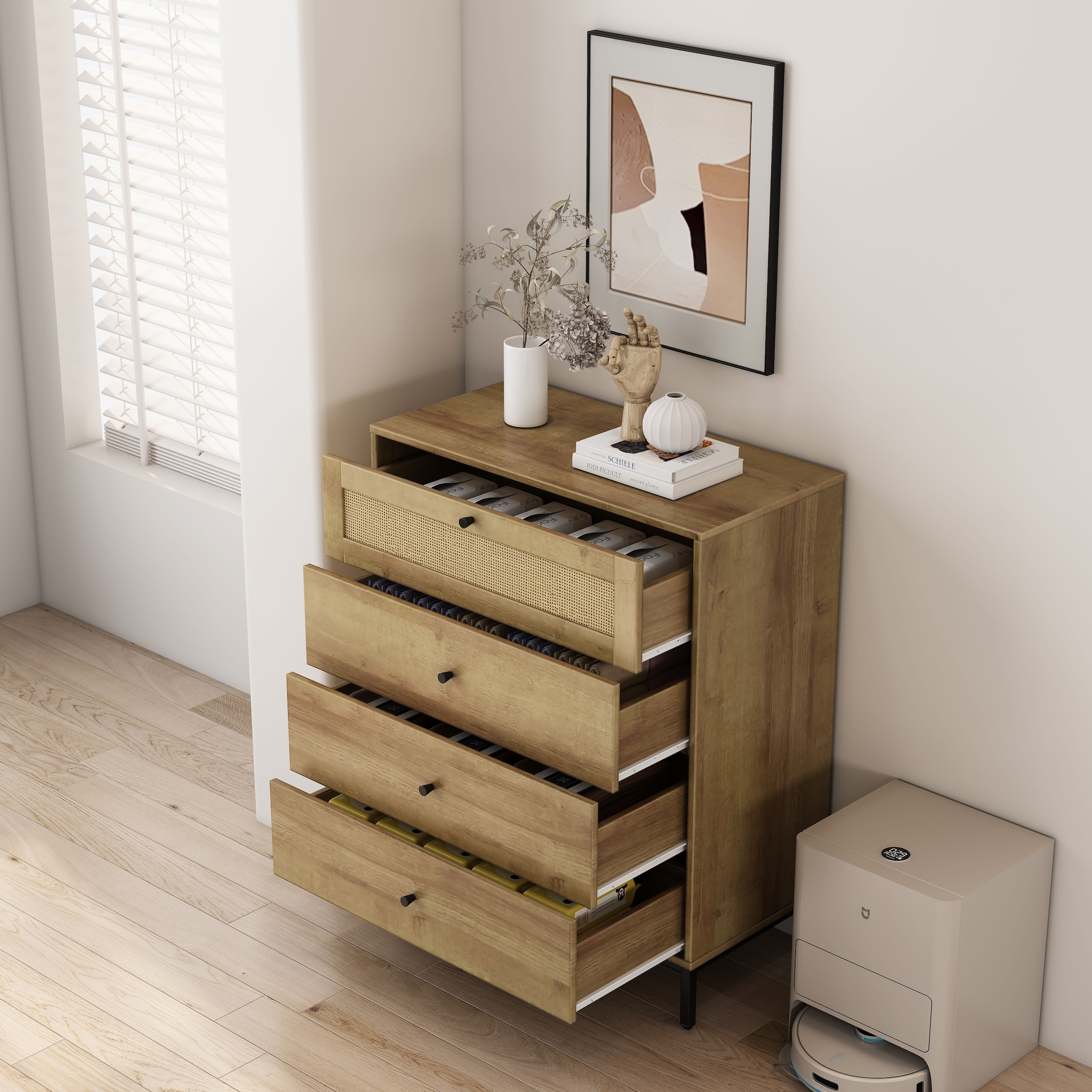 GOODproduct Kombikommode »Motala Sideboard Wäscheschrank im BOHO Design Bestseller Kommode« Eichen-Design mit Geflecht Schublade und schwarzen Griffen, 