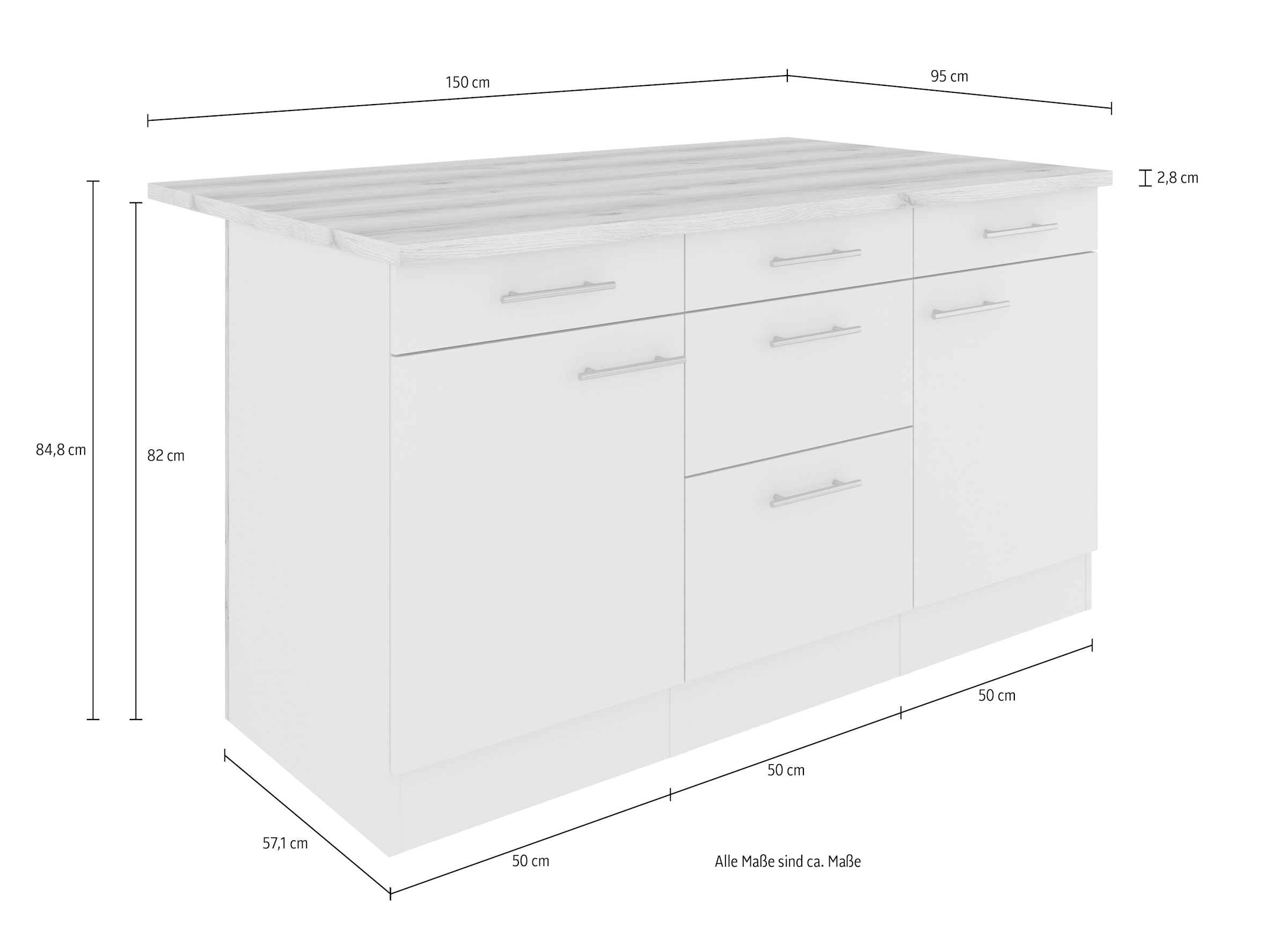 OPTIFIT Ilot de cuisine »Optifit« Breite 150 cm, 2 Türen, 3 Schubkästen, 2 Auszüge