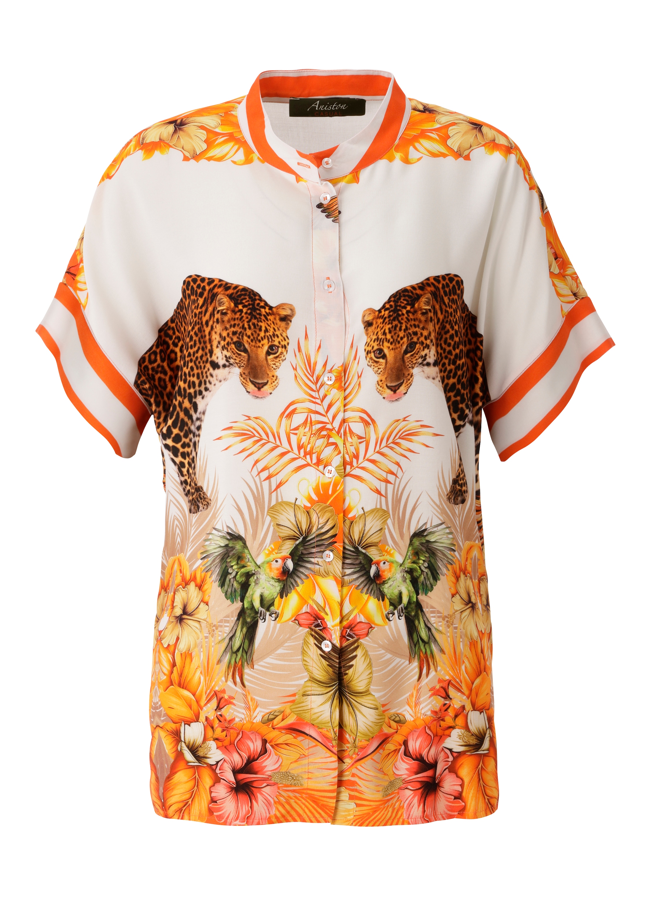 Aniston CASUAL Blouse à manches courtes avec léopards, oiseaux tropicaux, fleurs et feuilles