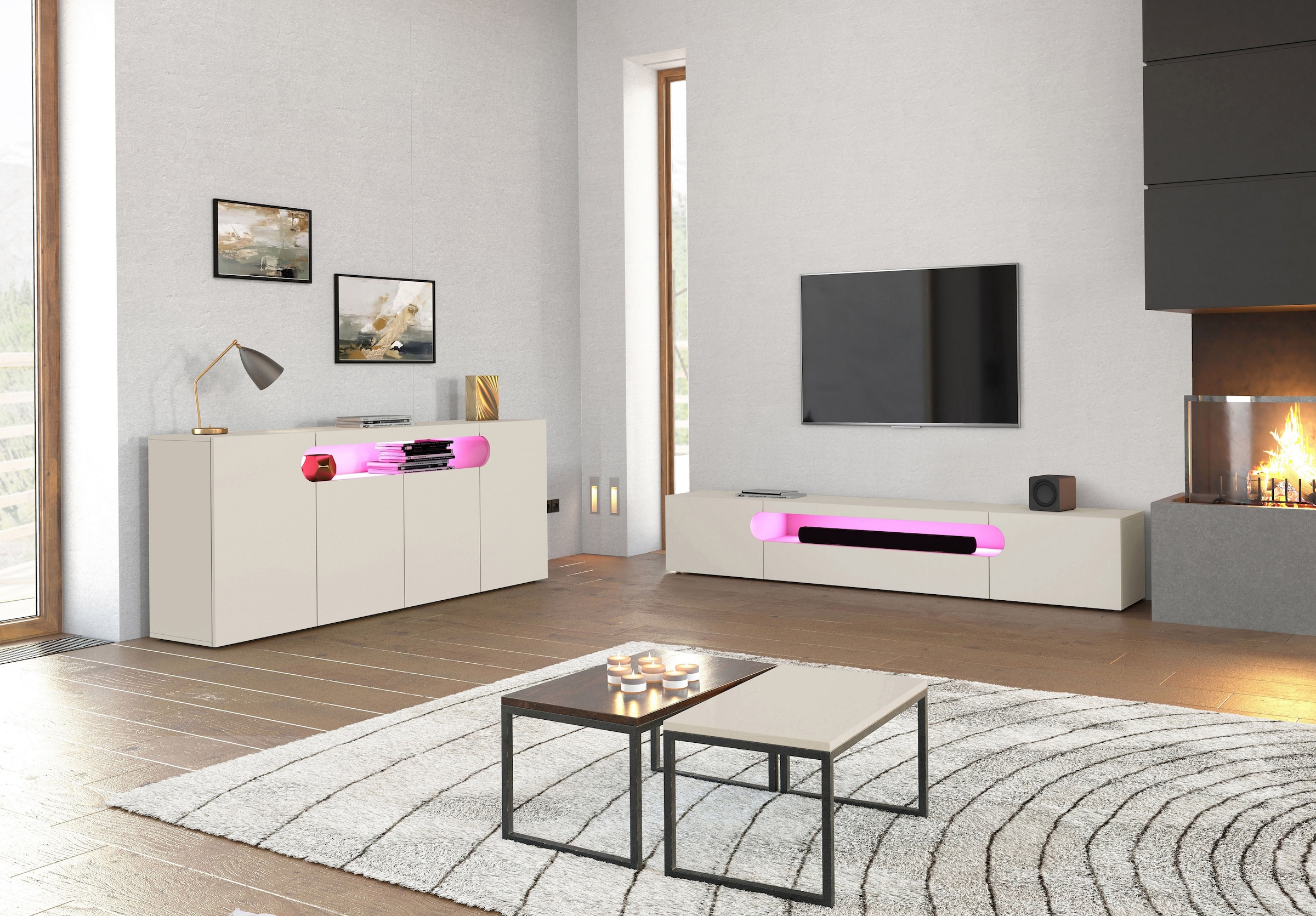 Home affaire Table basse »REAL TV-Möbel, 240 cm breit, 40/60 cm hoch, Hochglanz oder matt« mit 2 abgerundeten Türen, 1 Klappe, die ein ovales offenes Fach bilden