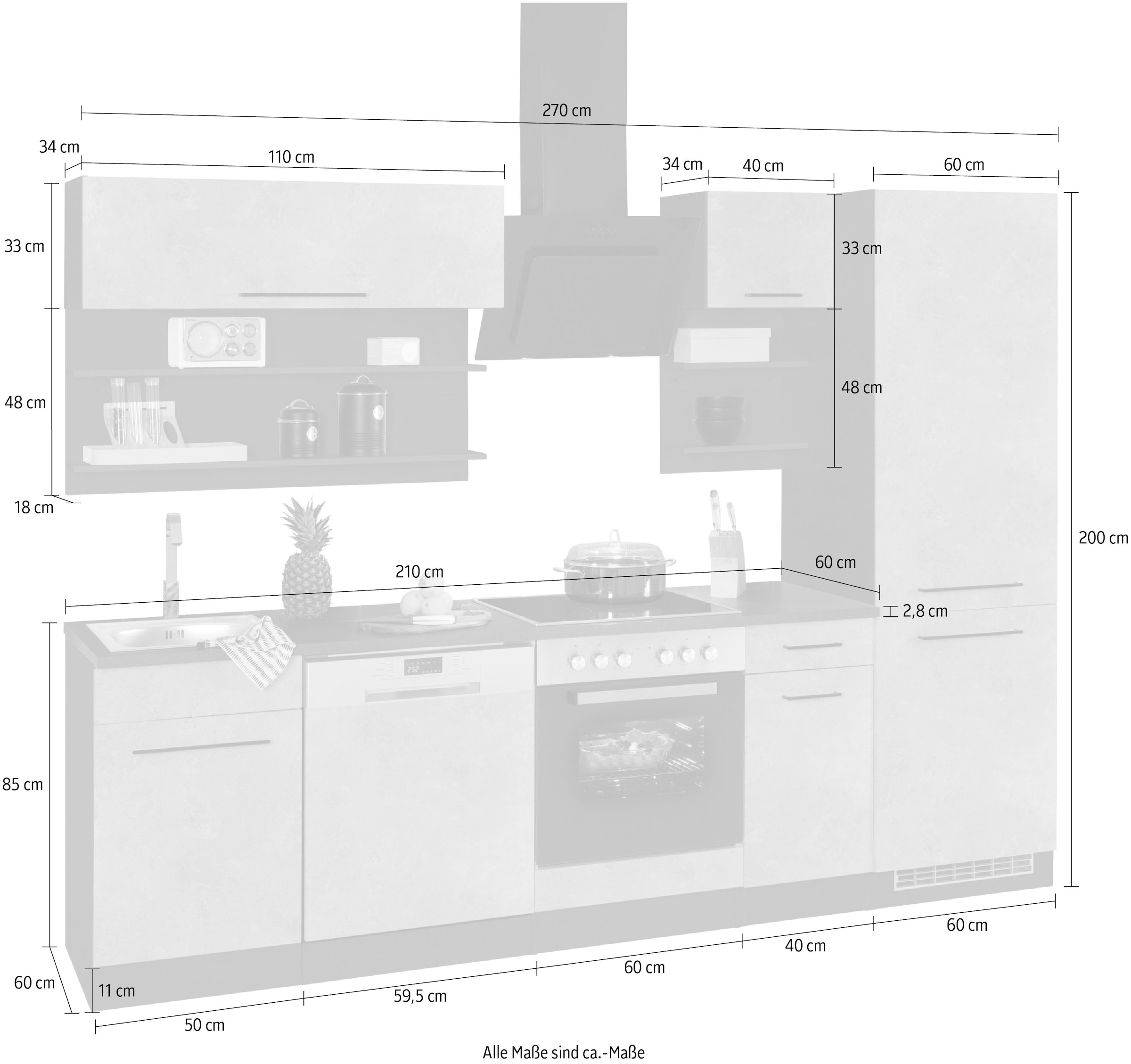 KOCHSTATION Küchenzeile »KS-Tulsa« ohne E-Geräte, Breite 270 cm, schwarze Metallgriffe, MDF Fronten