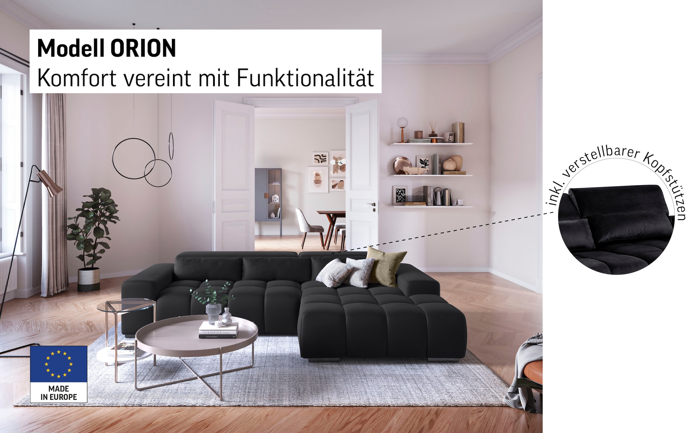 COTTA Ecksofa »Orion L-Form« mit 2x Kopfteilverstellung & 3 Nierenkissen
