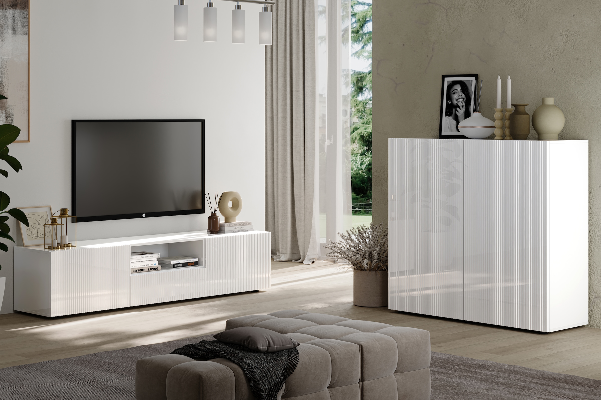 Home affaire Lowboard »Rio Breite 181 cm, TV-Board 2 Türen u. 1 Schubkasten, TV-Schrank« geriffelte MDF-Fronten, modern u. elegant, Kabelführung, viel Stauraum