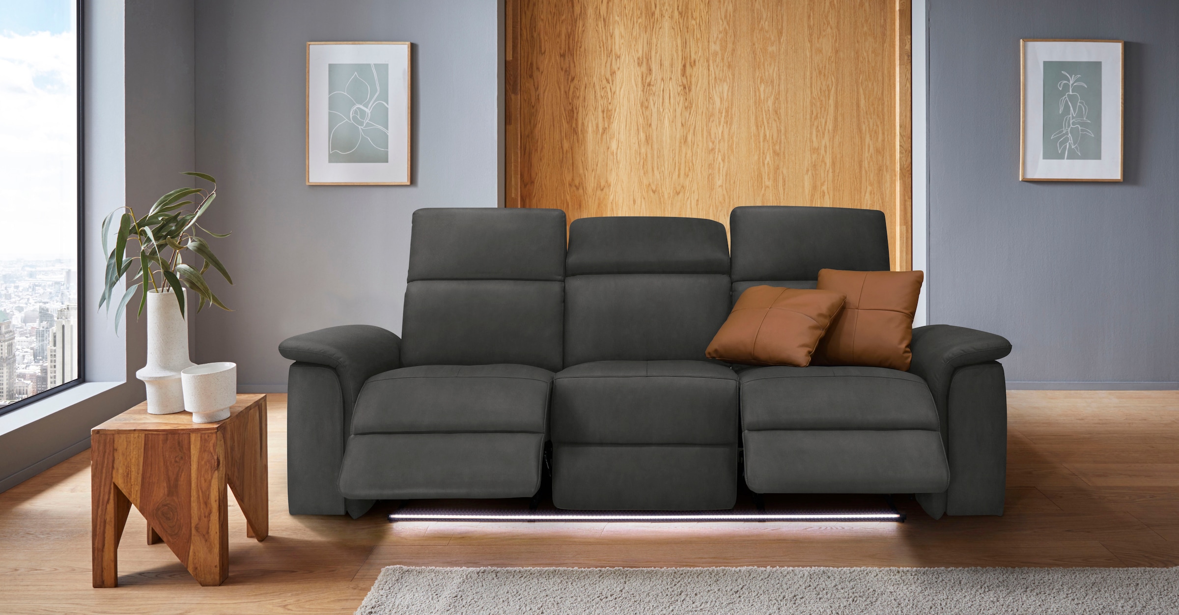 Home affaire 3-Sitzer »Pareli 229cm, manuelle u. elektr. Relaxfunktion in 2 Sitzen« USB, KT-Verstellung, LED Beleuchtung, in Echtleder, Kunstleder, Web