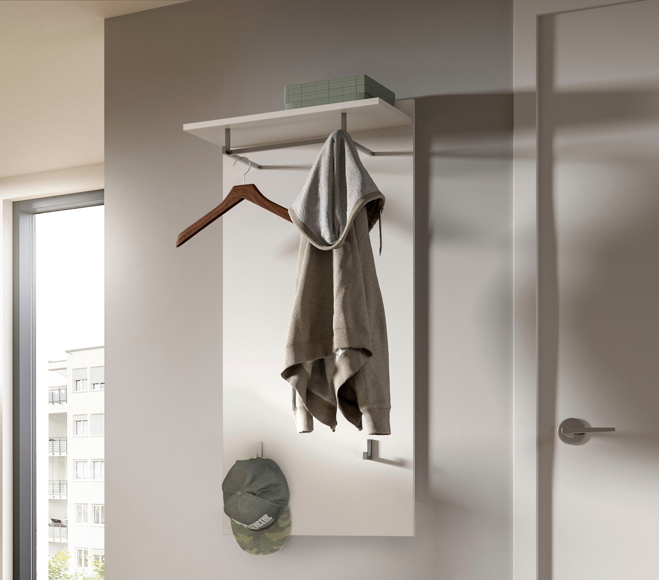 INOSIGN Panneau de vestiaire »Valge, Höhe 114 cm, 1 Ablageboden, 2 Haken, 1 Kleiderstange« 1 cuis tlg. Wandpaneel, Paneel, Wandhaken, Wandboard, Wandablage