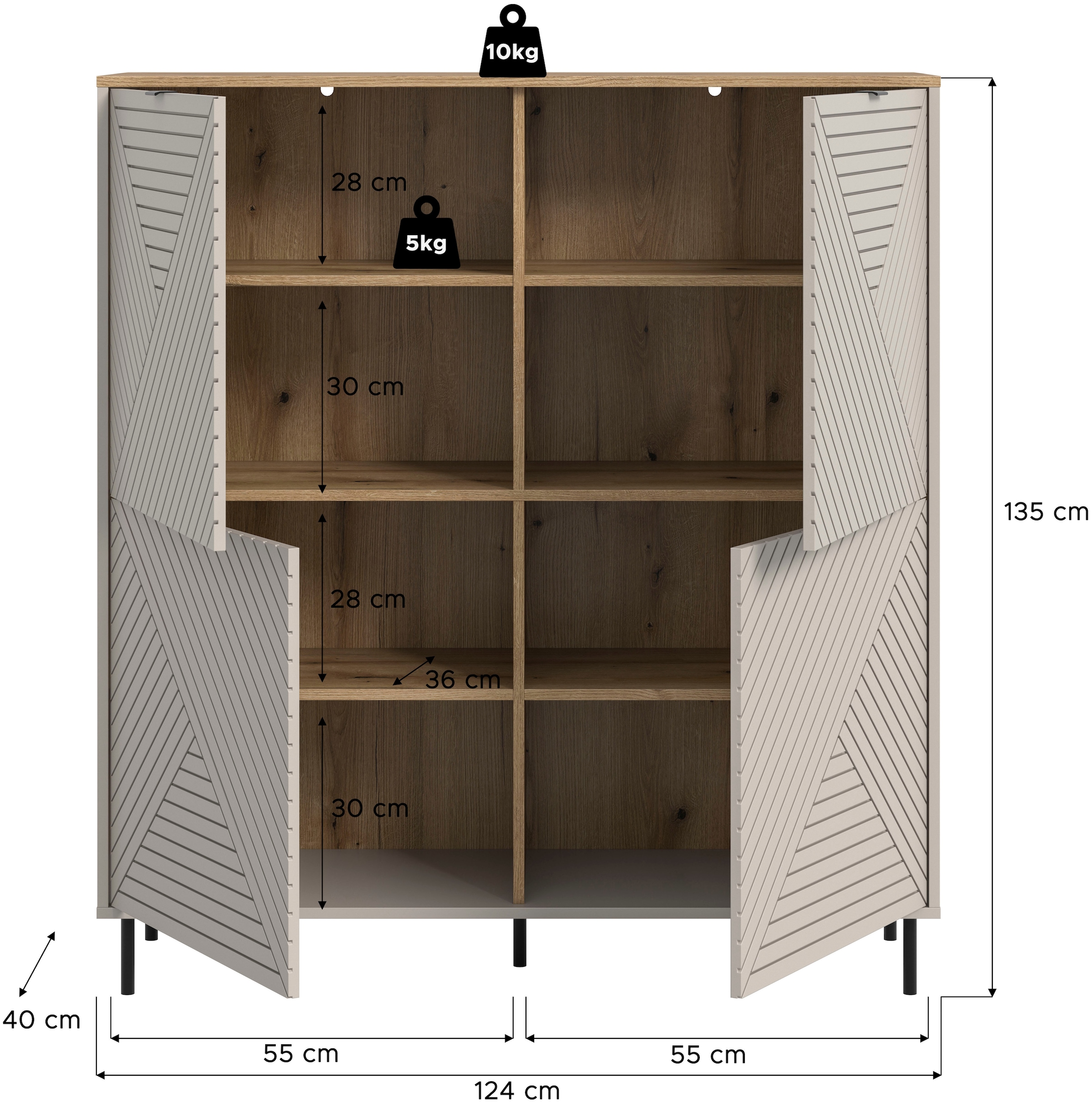 Home affaire Buffet haut »RAITA, Höhe 135 cm, Front mit Desgin-Fräsung, 4 Türen, viel Stauraum« moderne Farbkombi, individuell einsetzbar, Griffe & Füsse aus Metall,  Kommode, Anrichte, Schrank, Sideboard, Lowboard