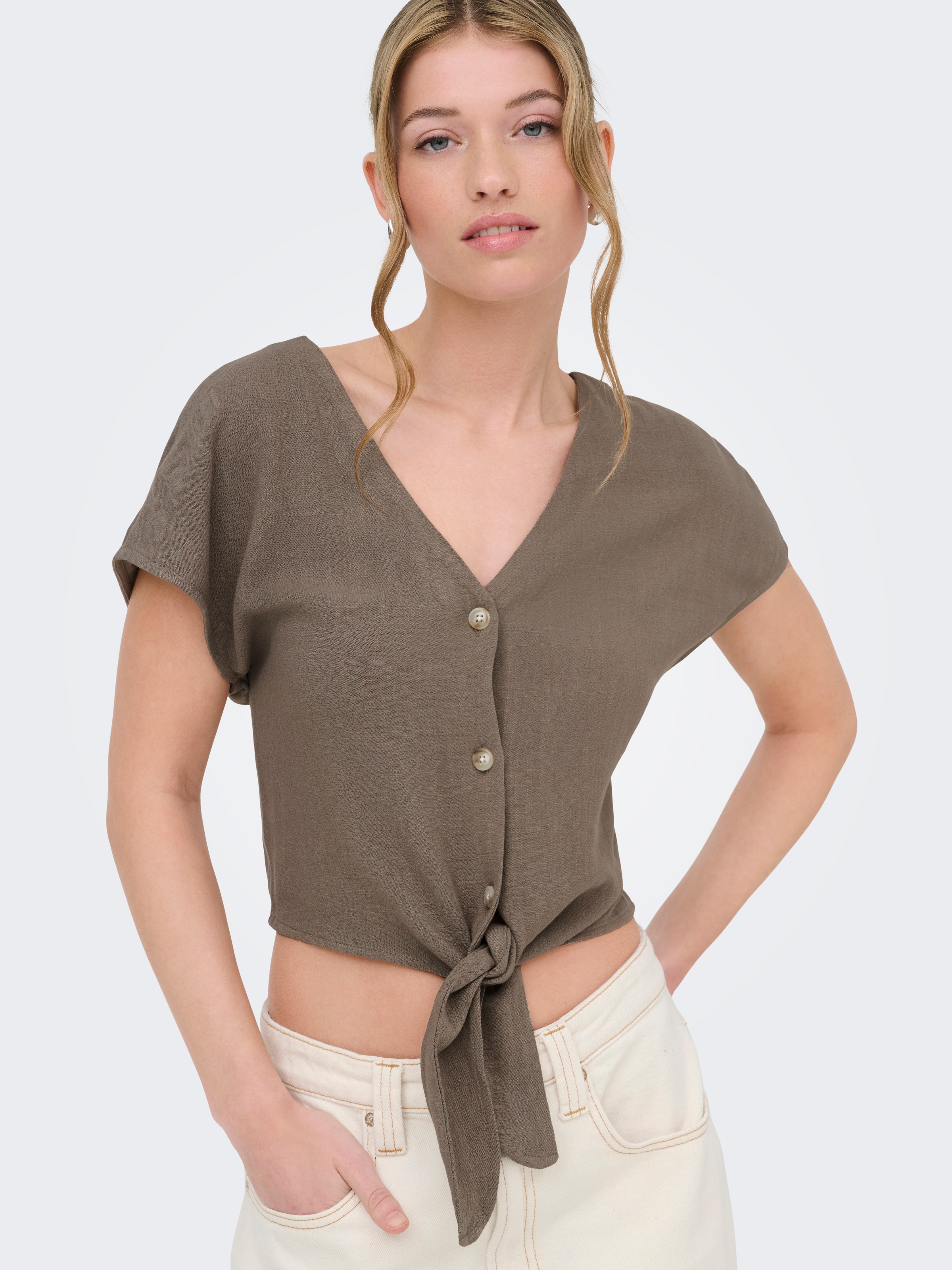 ONLY Blouse à manches courtes »ONLSIESTA SS KNOT LIN BL SHIRT PNT NOOS« mélange viscose, coupe régulière