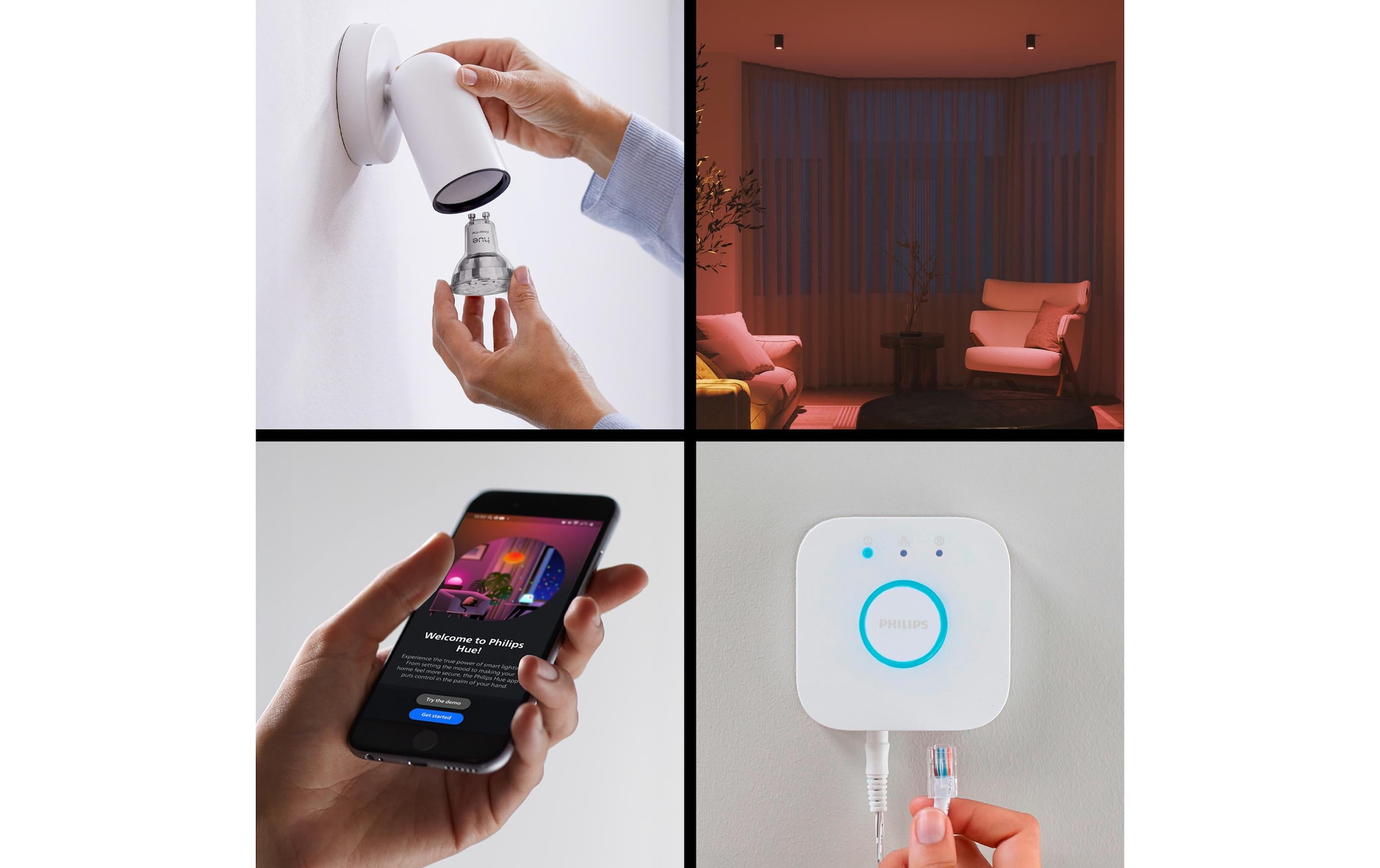 Philips Hue Kit de démarrage smart home »Essential Starter Kit Hue Bridge + 3 x GU10 RGB + Dimmer«