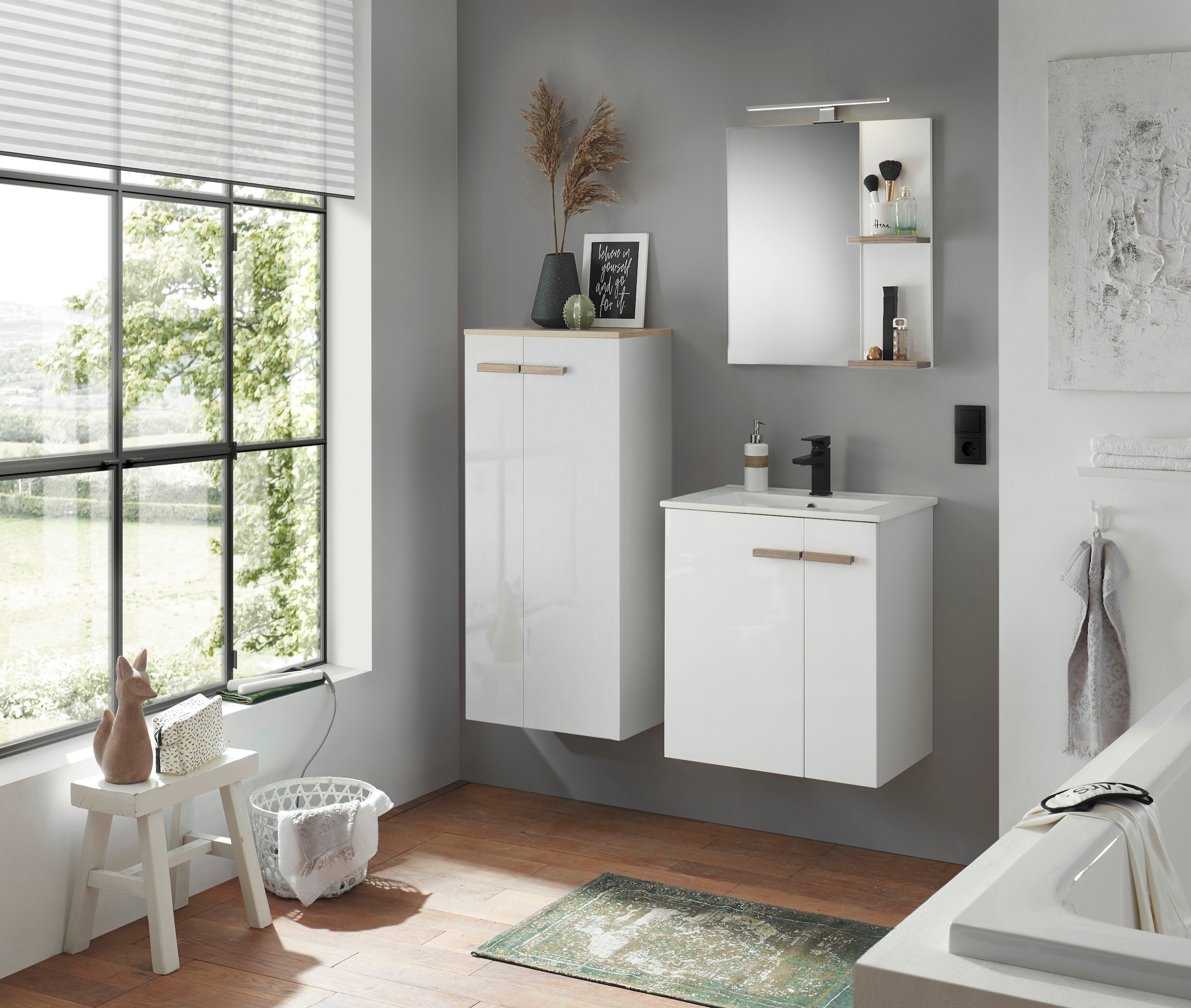 Home affaire Waschtisch »SOLiD, Unterschrank inkl. Waschbecken, Badschrank mit Holzgriffe« in zwei Farben verfügbar, inkl. Waschbecken, Breite 60 cm