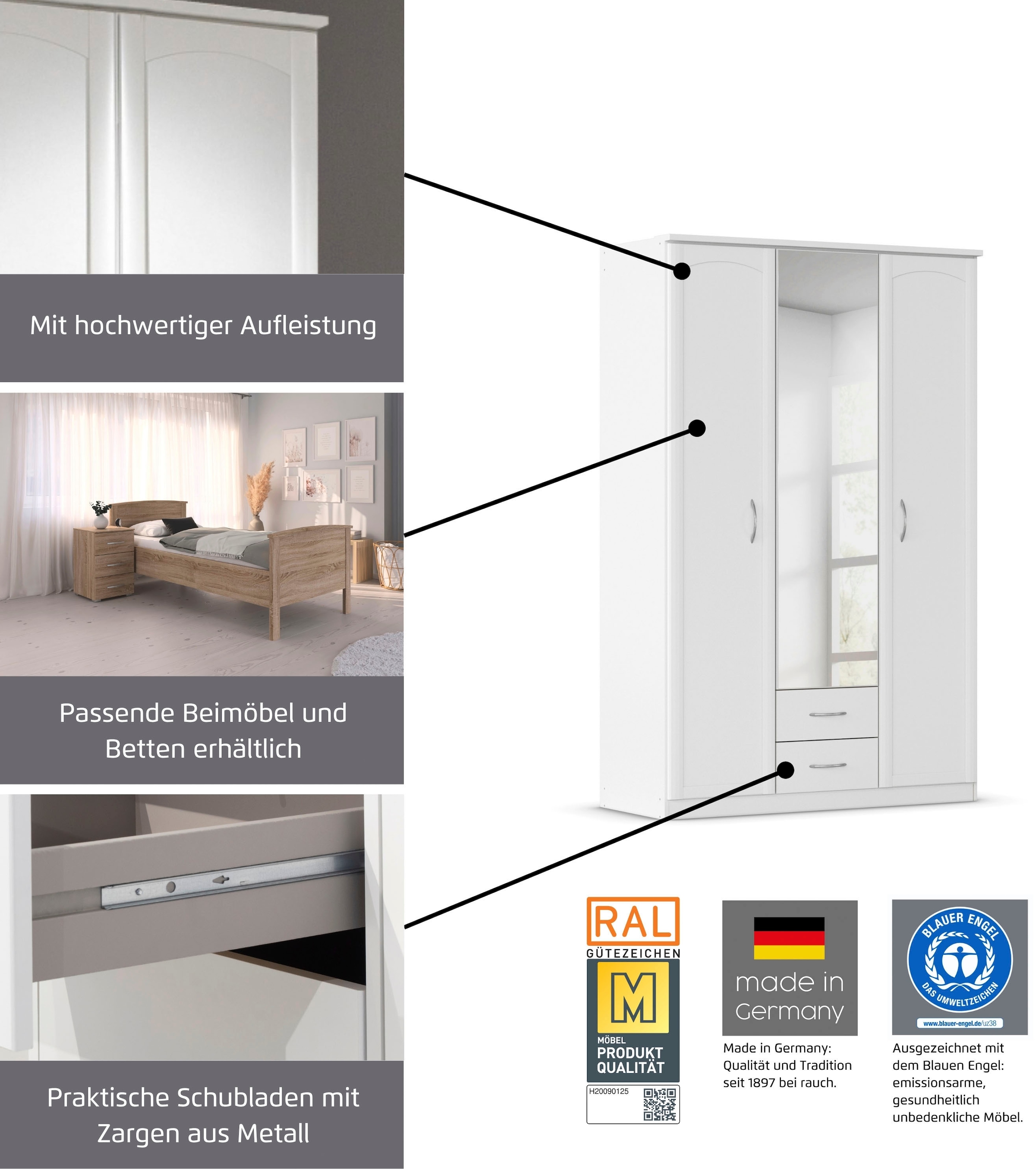rauch Kleiderschrank »Schrank Garderobe Garderobenschrank Putzschrank Wäscheschrank TORRENT« Breiten 91/136/181 cm, Höhe 210 cm,  optional Aussenschubladen und Spiegel, viel Stauraum MADE IN GERMANY