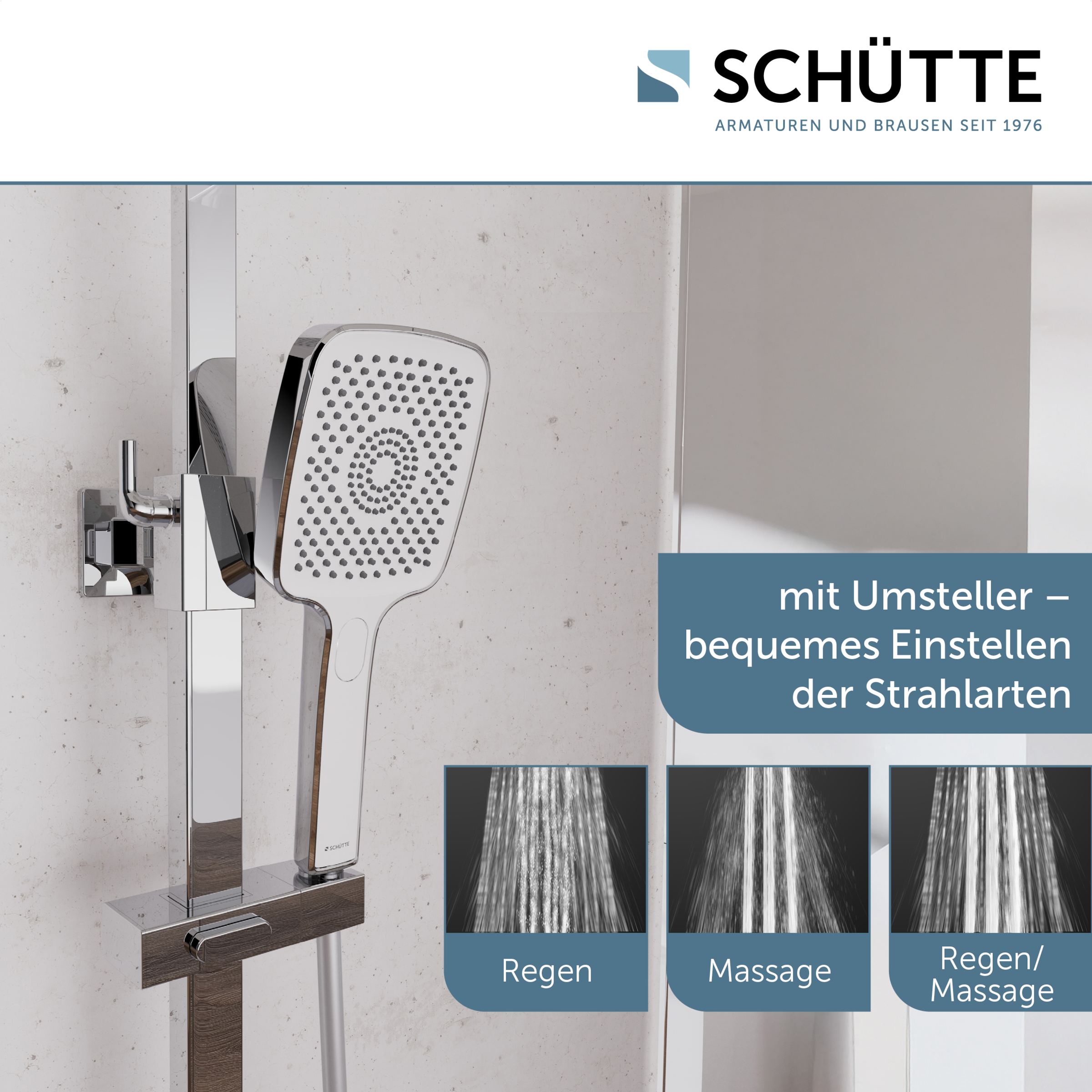 Schütte Brausegarnitur »GRAN CANARIA« Komplett-Set,  Regendusche 30x20 cm, Umsteller, Antikalk, 3 Strahlarten, Thermostat