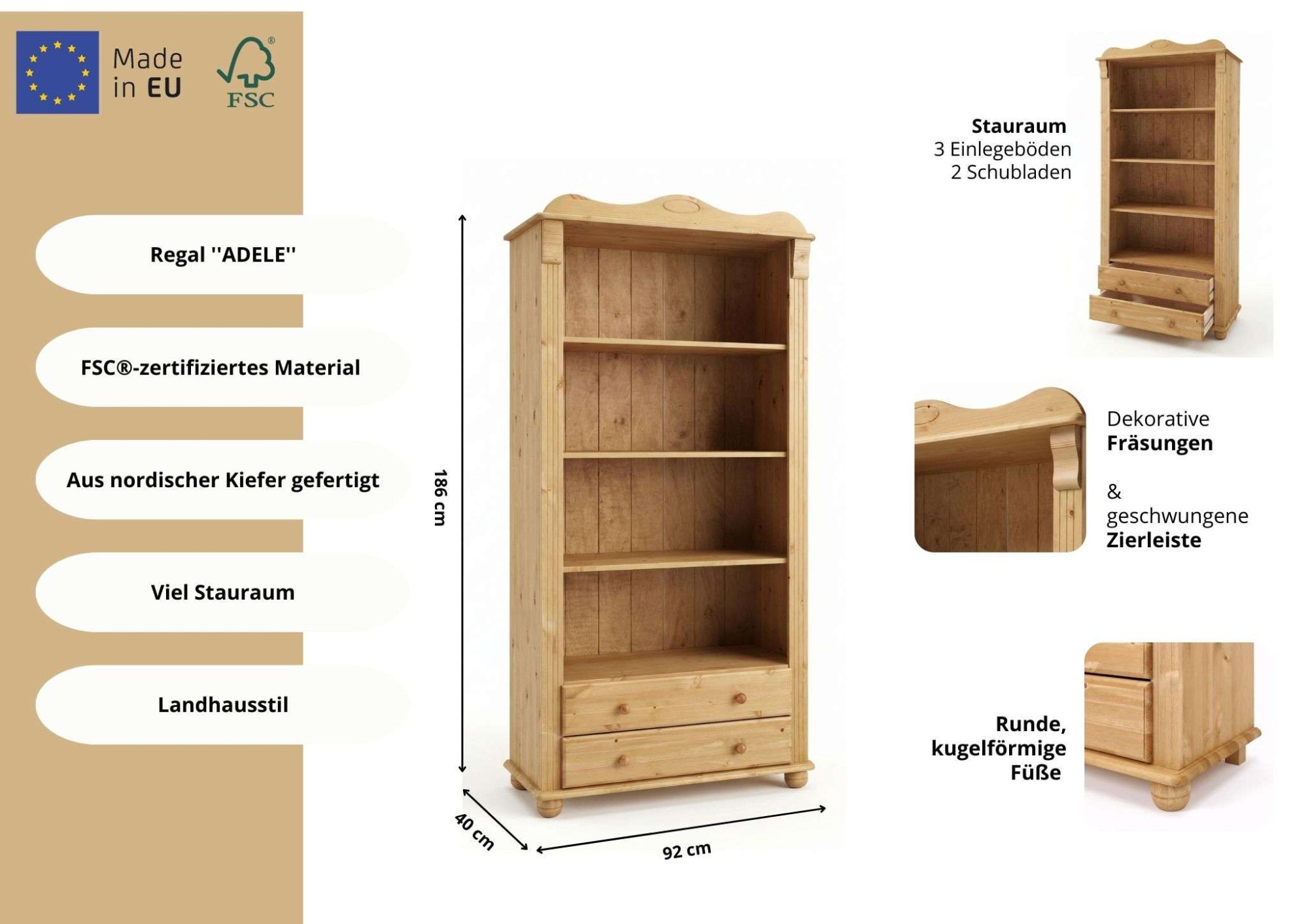 GOODproduct Bücherregal »Adele, Standregal, Regal« B/T/H:,  aus massiver Kiefer, Breite 92 cm, mit 2 Schubladen, FSC®