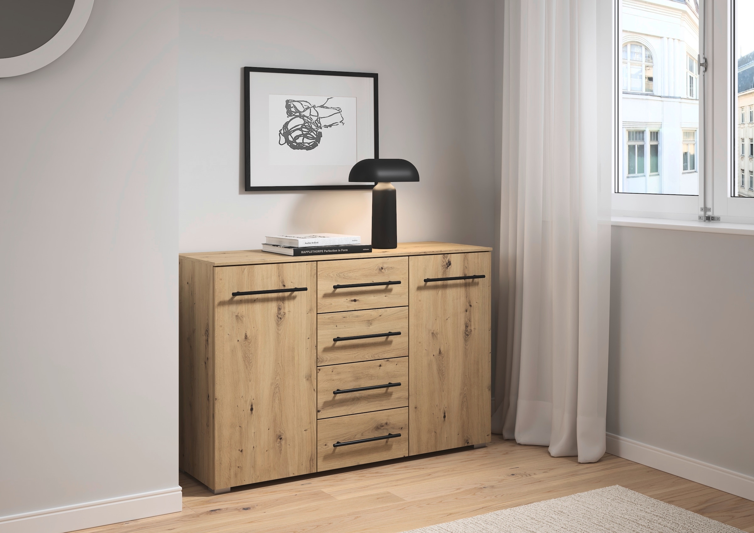 GOODproduct Kombikommode »Highboard Sideboard Schubladenkommode Kommode Schlafzimmer AVOLA« Breite 120 cm inkl. SOFT-CLOSE-FUNKTION mit Dekorfront,  vier grosse Schubladen und 2 Türen, mit 4 Einlegeböden MADE IN GERMANY