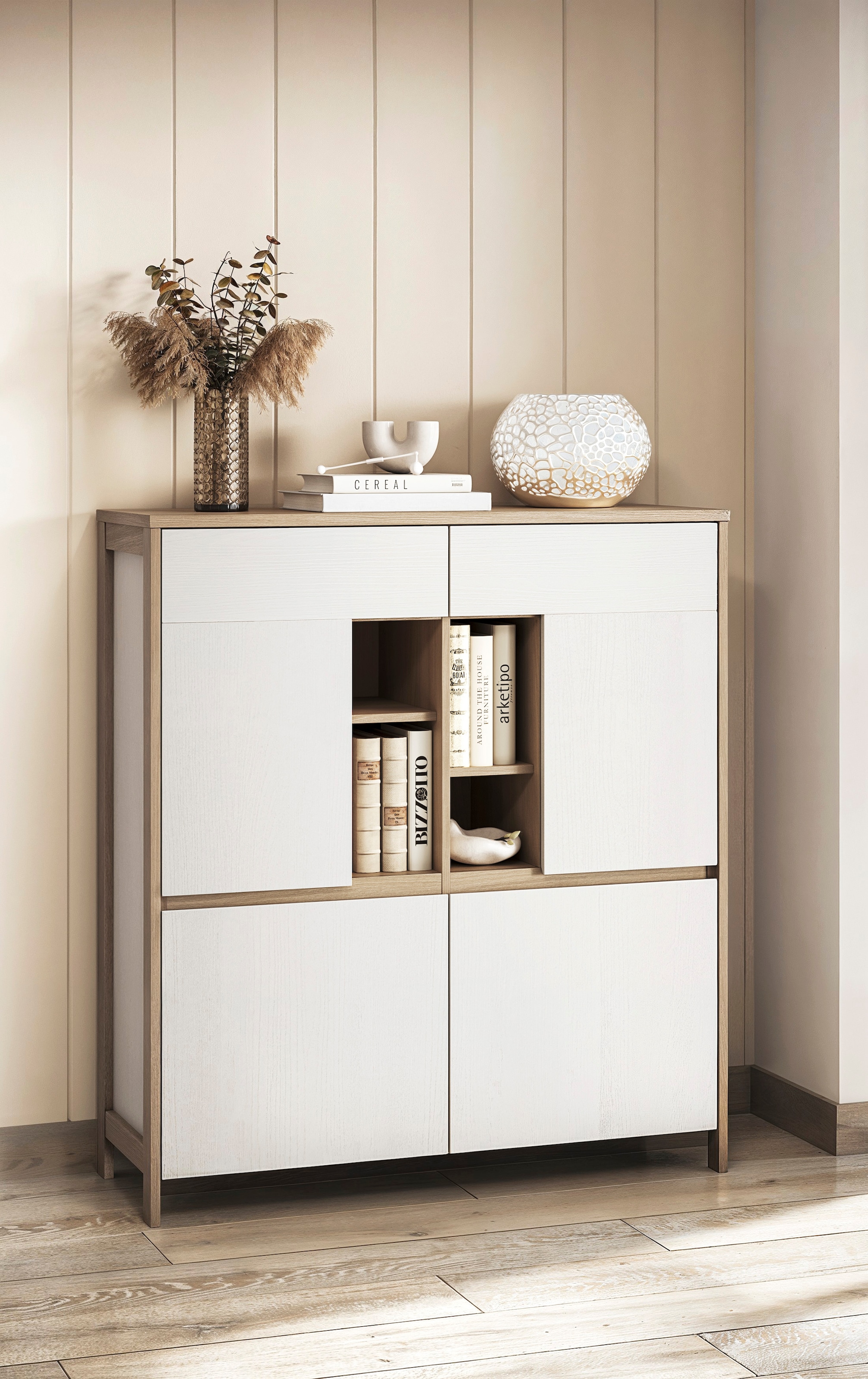Home affaire Highboard »Stranda, moderner Schrank, Stauraumelement im Scandic-Style« elegante Rahmenoptik, ausreichend Stauraum, vielseitig einsetzbar