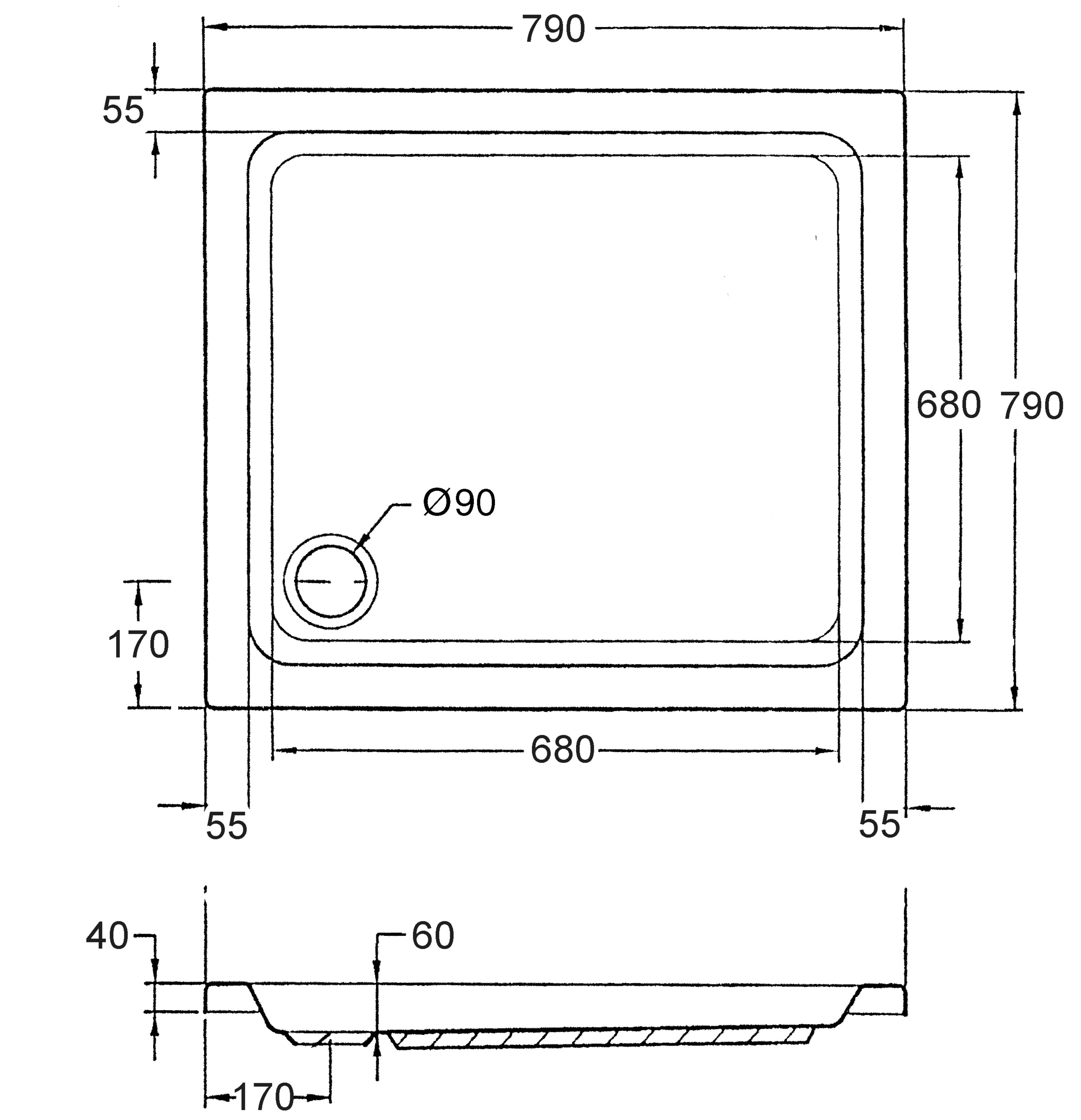 OTTOFOND Receveur de douche Ensemble,  80x80x6 cm, avec pied, garniture d’évacuation et bande d’étanchéité pour joints