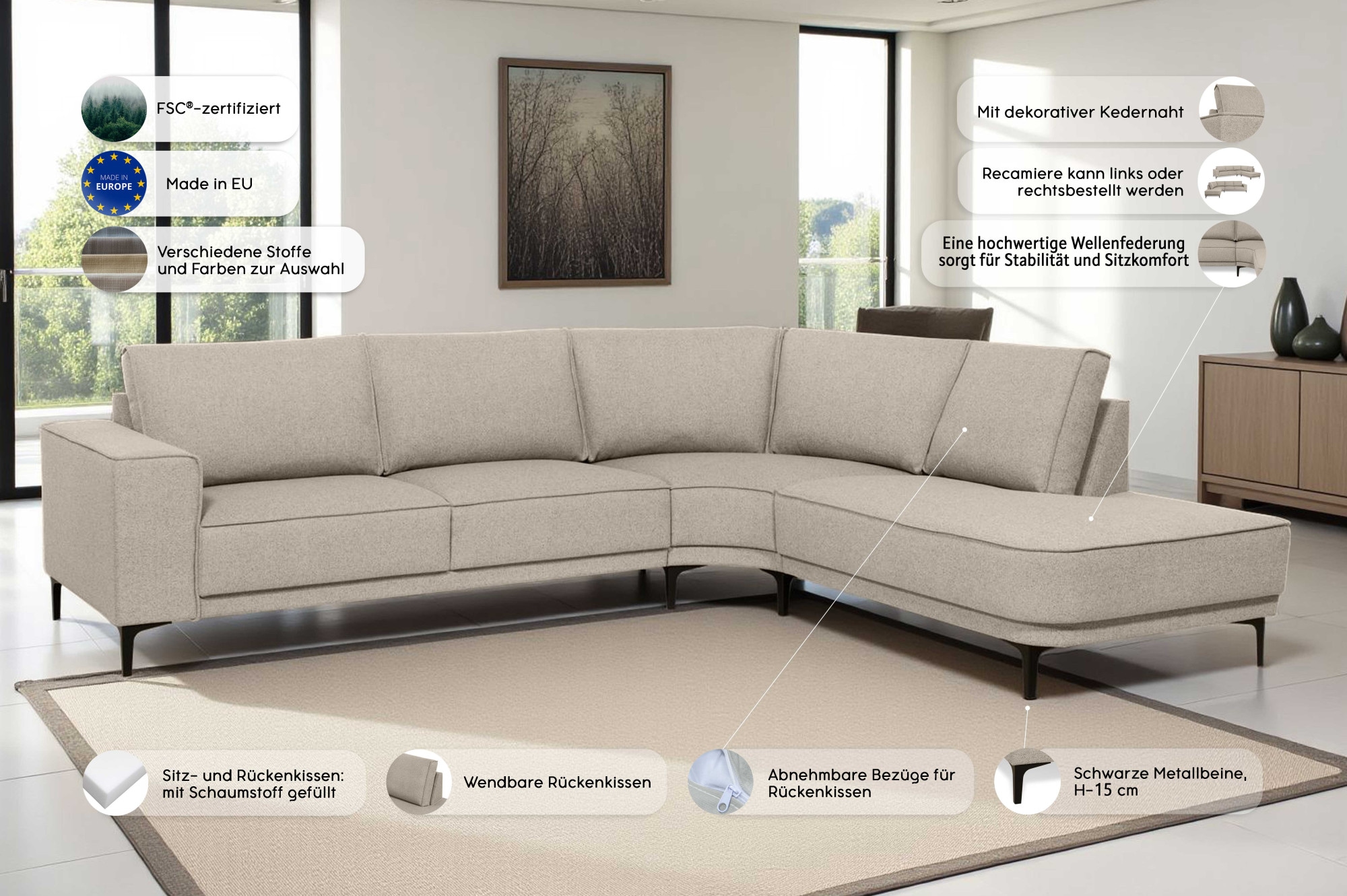 GOODproduct Ecksofa »Casina« mit abgerundeter Ottomane, in einem weichen Chenille-Stoff