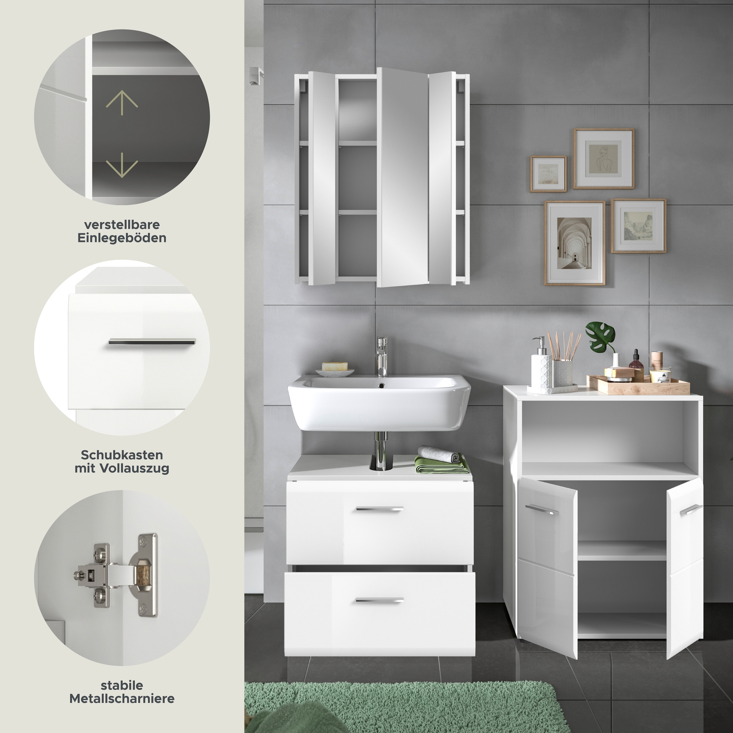 welltime Badmöbel-Set »FLORENZ, TOPSELLER!, 3-teilige Badkombination, hochwertige MDF-Front« Set, best. aus: Waschbeckenunterschrank, Spiegelschrank, Midischrank breit, 