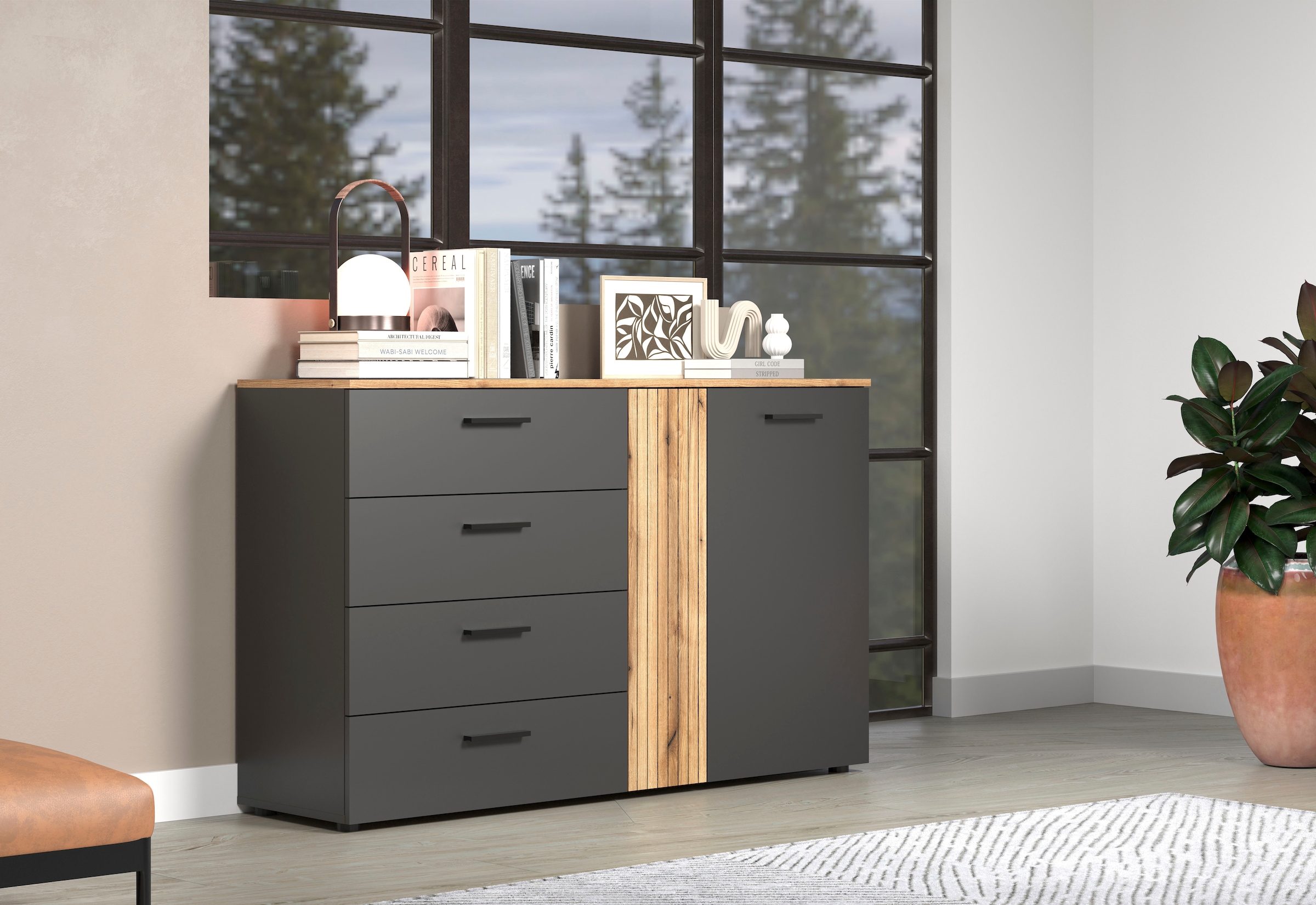 Home affaire Commode »Estepona« 1 cuis tlg. armoire à tiroirs à effet rainuré avec fonction de sortie totale
