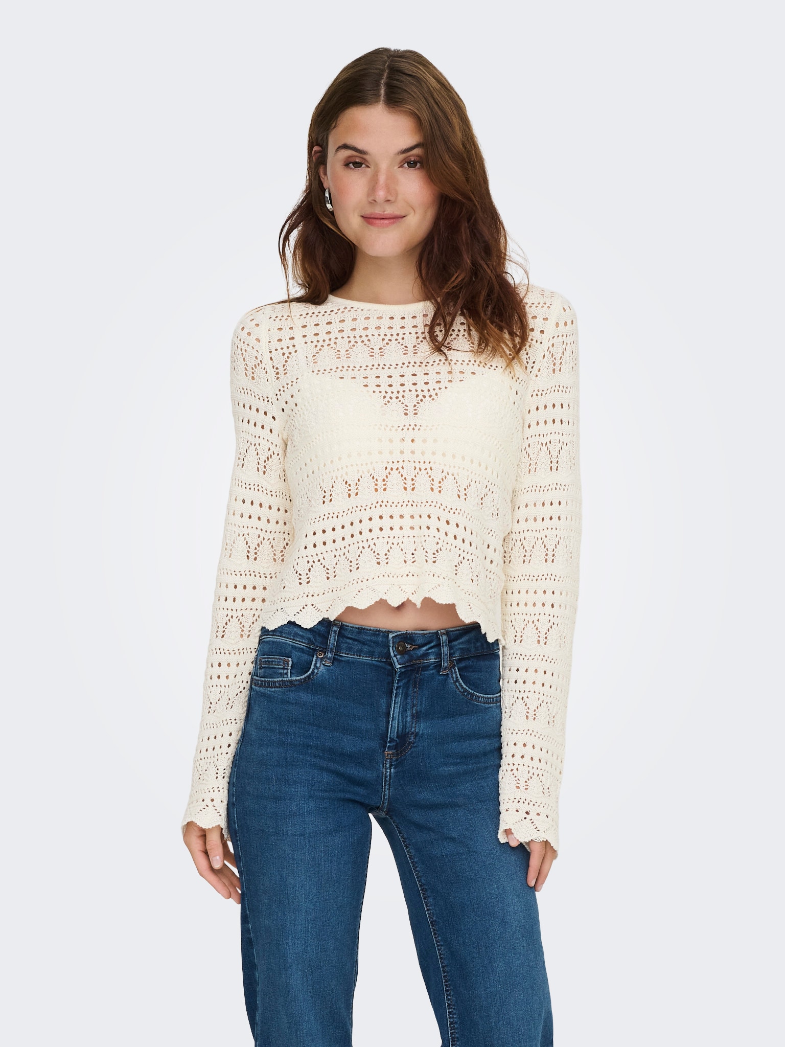 ONLY Strickpullover »ONLELKE LIFE LS PULLOVER KNT NOOS« Lochstickerei, verkürzte Form