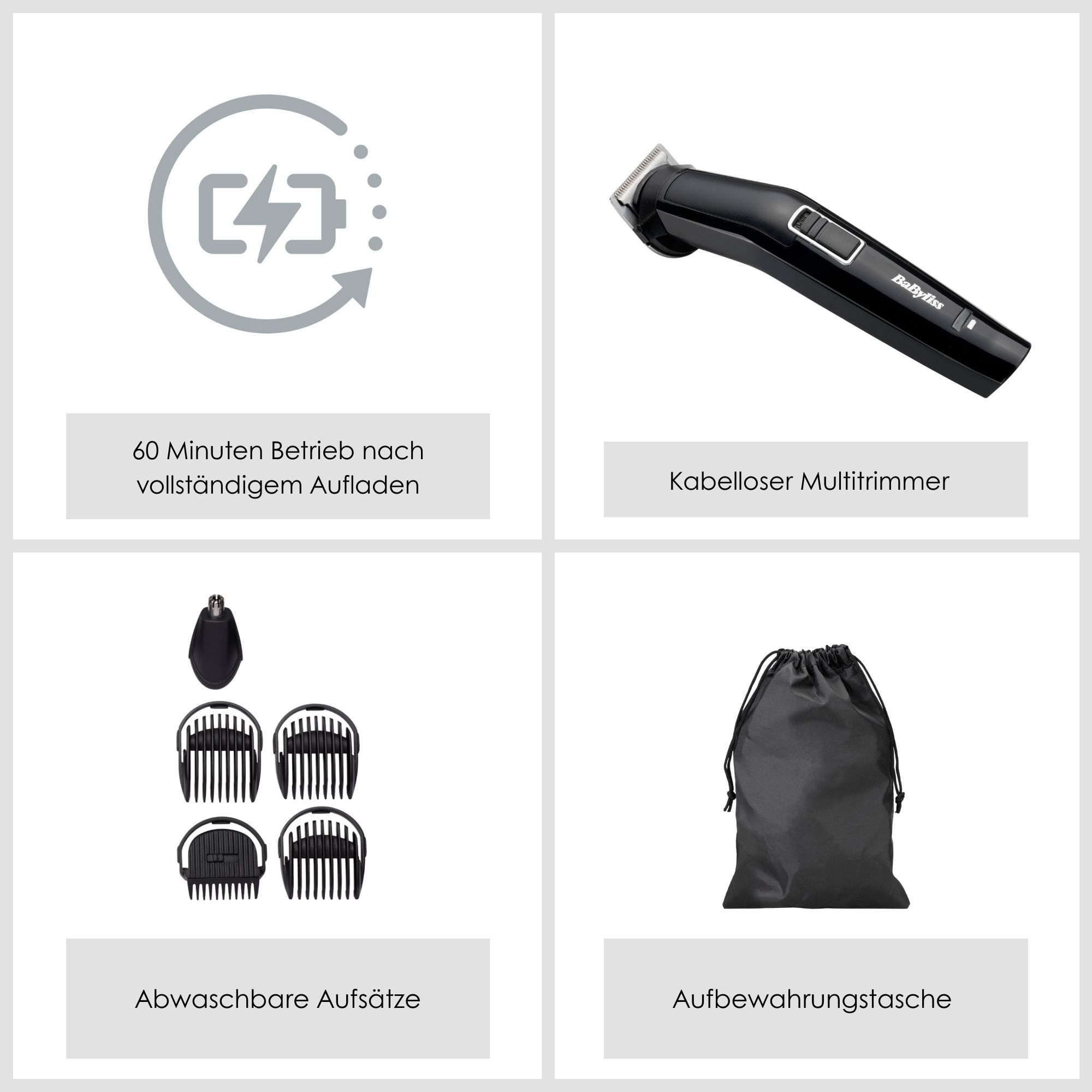 BaByliss Trimmer multifonctionnel »BaByliss 6-in-1 Multigrooming Trimmer, Edelstahlklingen, MT725E« 6 Aufsätze 6 Stylingfunktionen, 4 Kammaufsätze, kabelloses Grooming-Set