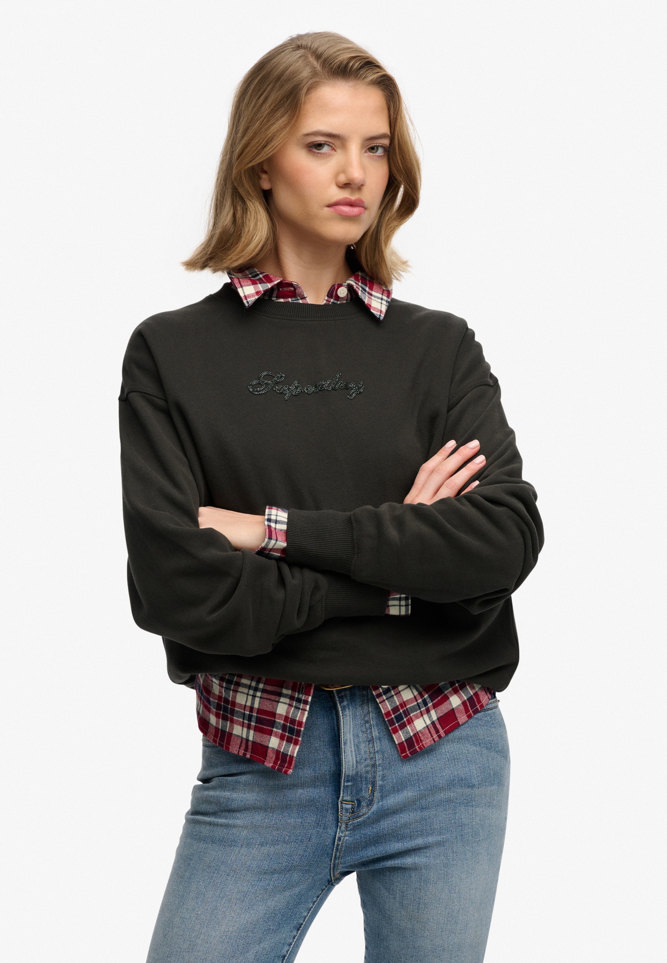 Superdry Sweatshirt »SCRIPT BRAND LOOSE CREW«, mit Markenlogo aus Perlenstickerei auf der Brust
