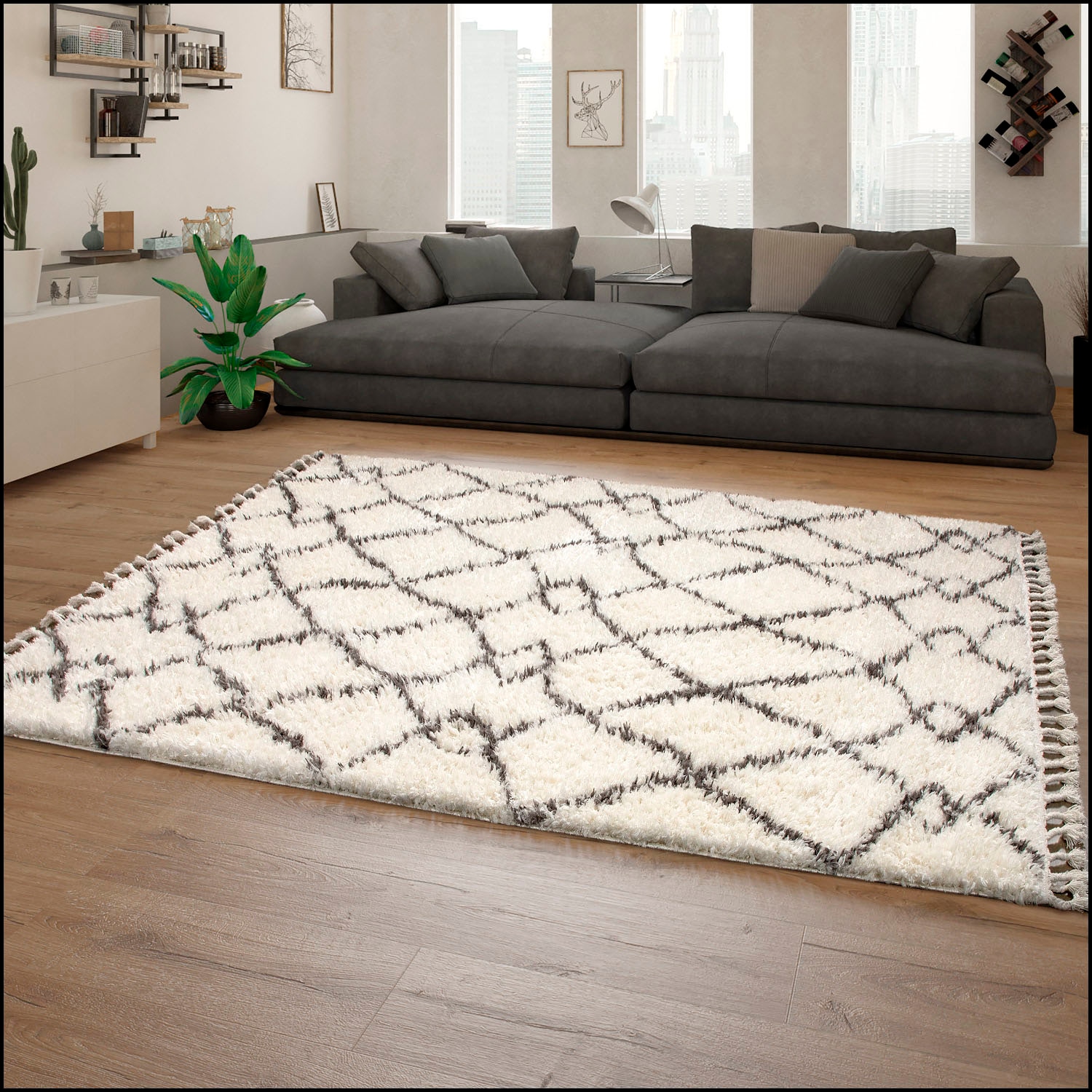 Paco Home Tapis à poils longs »Orebro 170« Rectangulaire 44 mm Höhe modernes Rauten Muster, besonders weich & kuschelig, mit Fransen