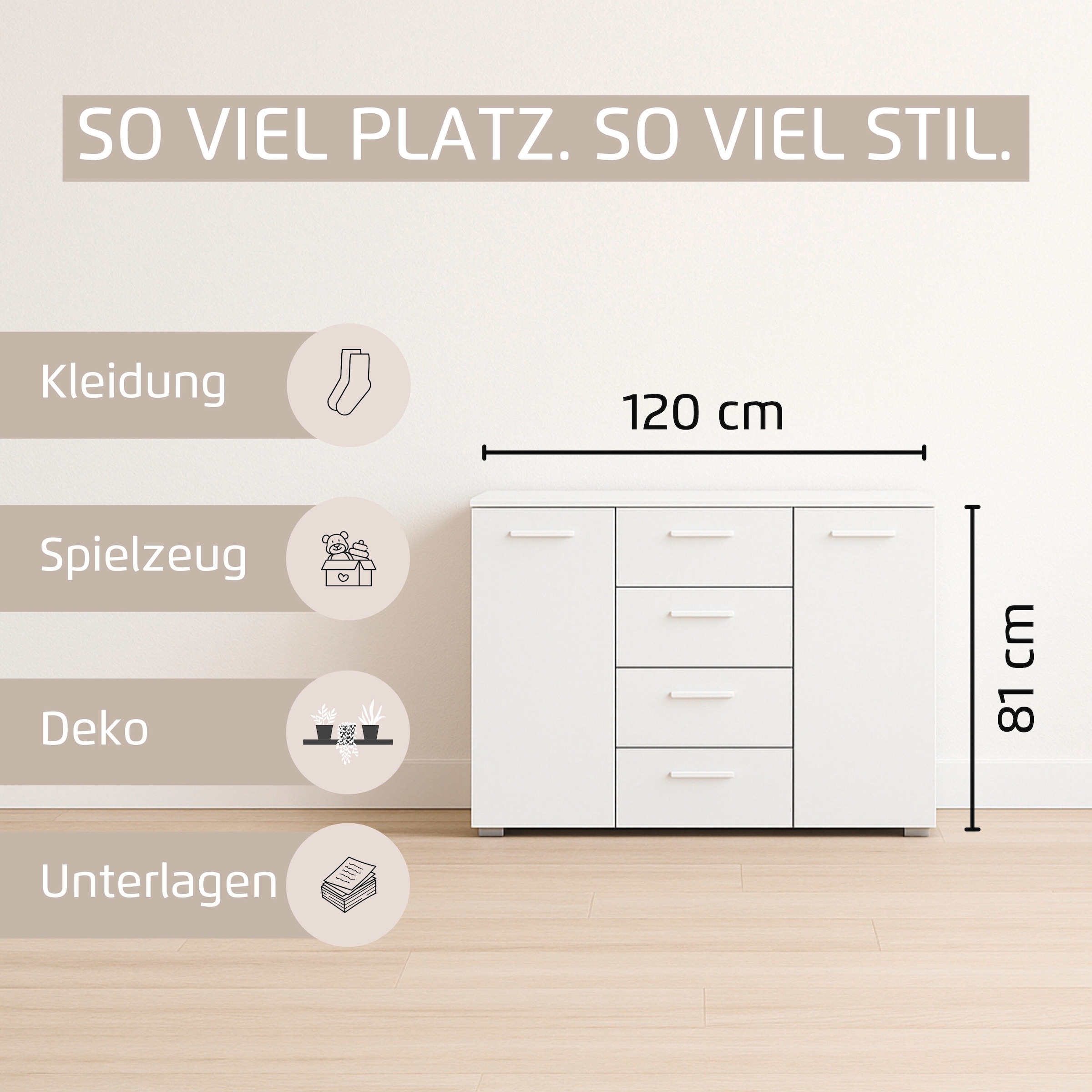 GOODproduct Kombikommode »Kommode Sideboard Schubladenkommode Schlafzimmerkommode OTELI« Breite 120 cm inkl. SOFT-CLOSE-FUNKTION, mit moderner Dekor-Front,  vier grosse Schubladen und 2 Türen, mit 4 Einlegeböden MADE IN GERMANY