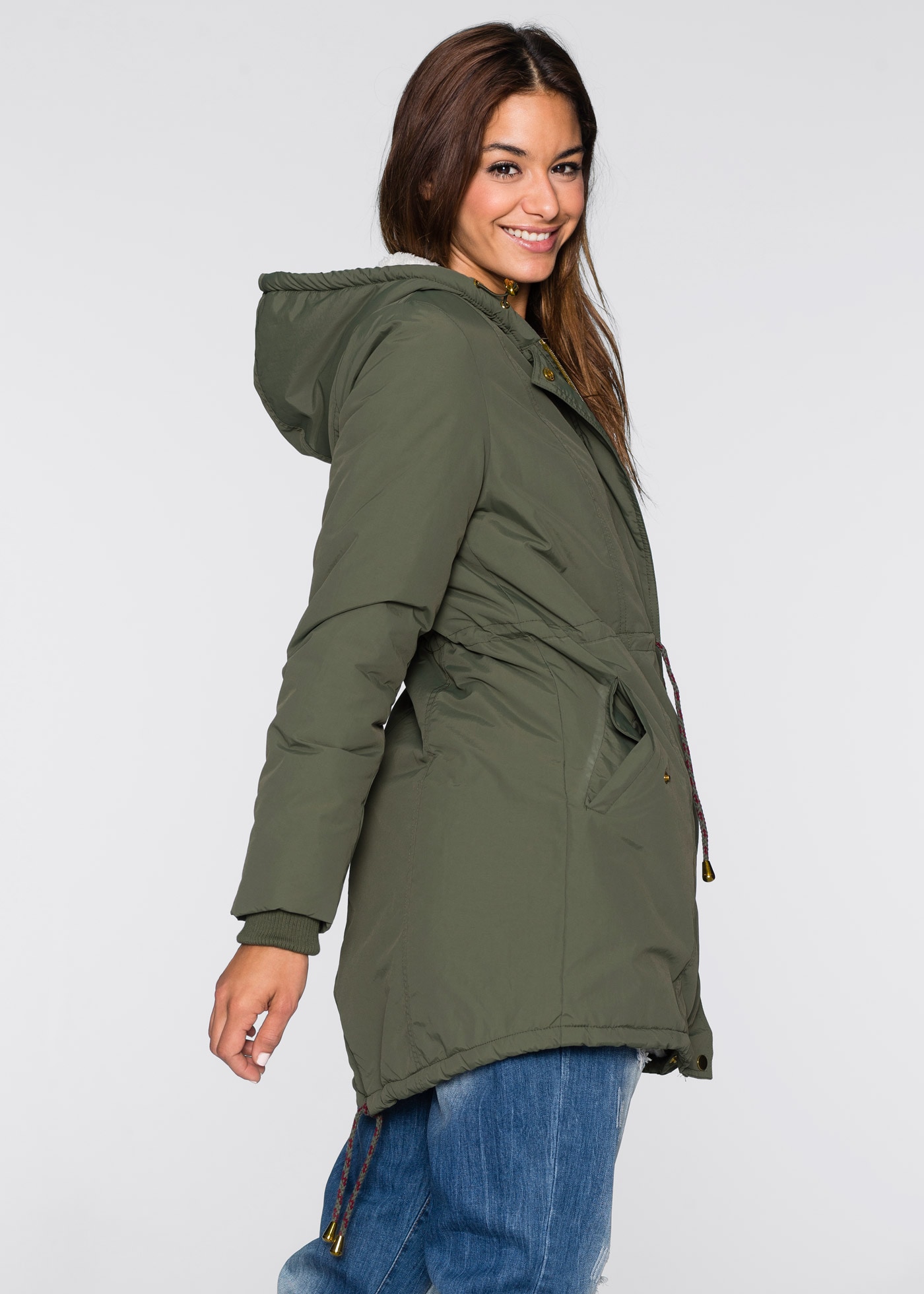 bonprix Parka mit Kapuze modischer Stil, mit Teddy-Fleece, mit Kapuze, lockere Passform