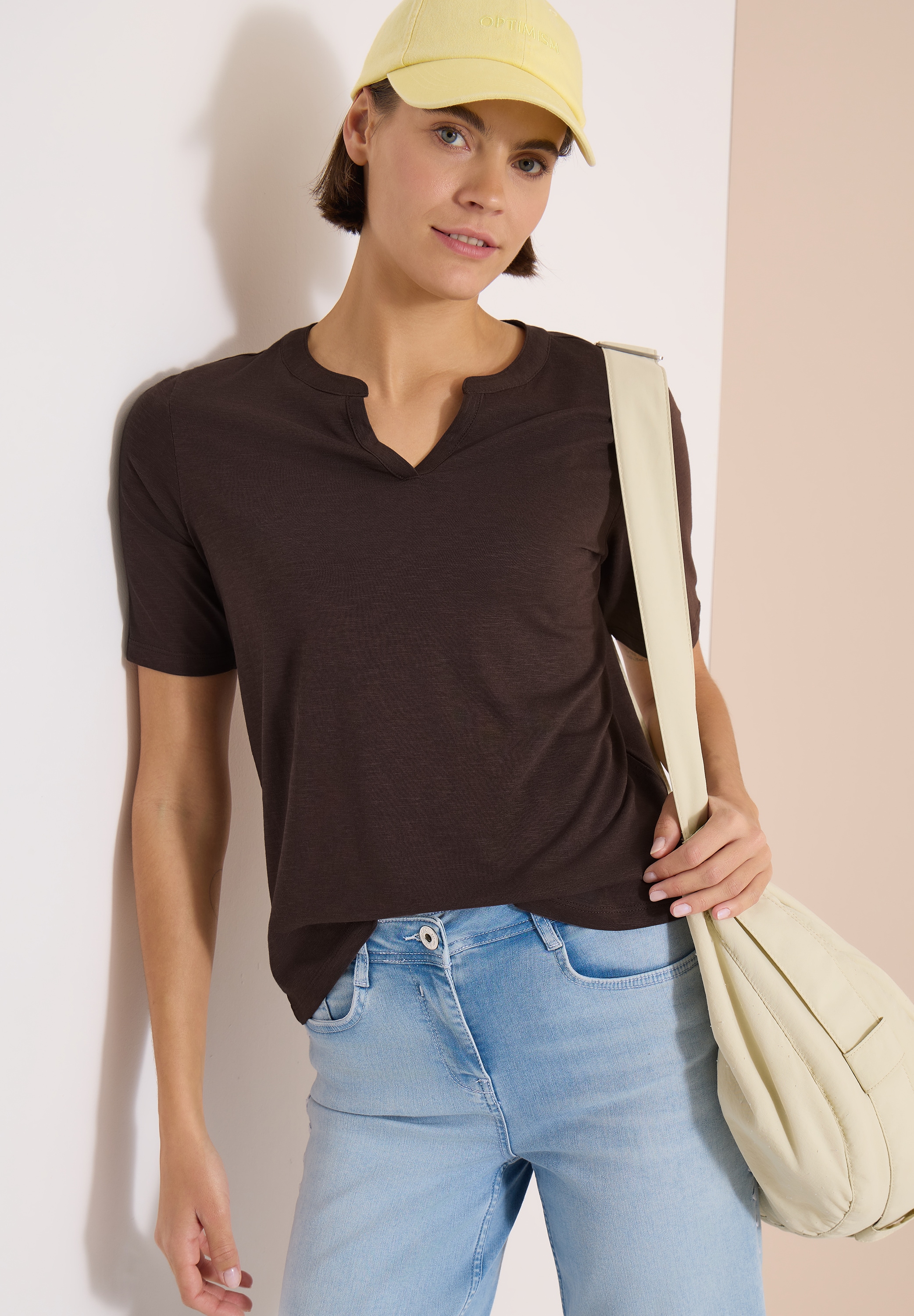 Cecil Kurzarmshirt Sommershirt mit Split Neck in Unifarbe