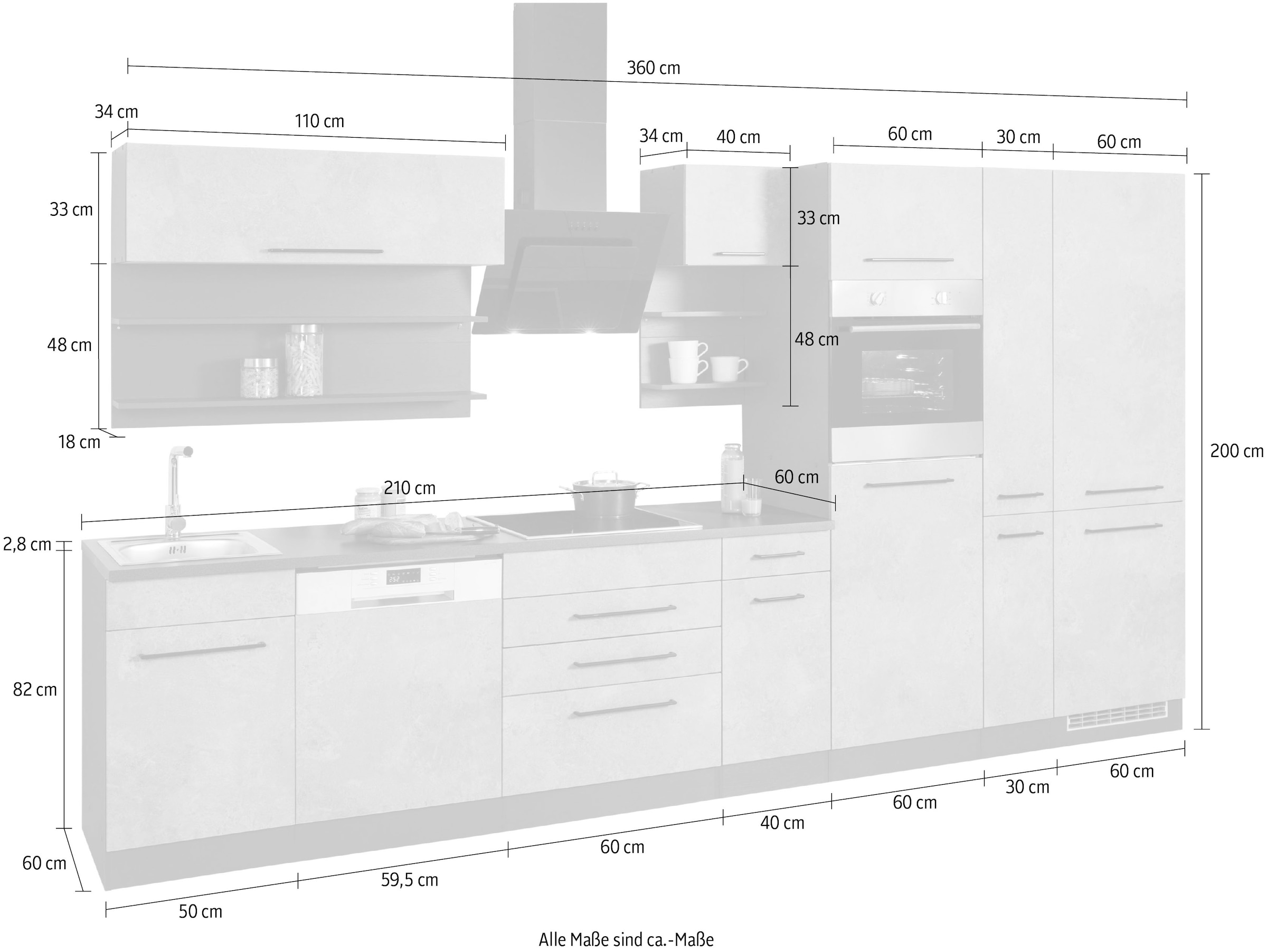 KOCHSTATION Küchenzeile »KS-Tulsa« ohne E-Geräte, Breite 360 cm, schwarze Metallgriffe, MDF Fronten