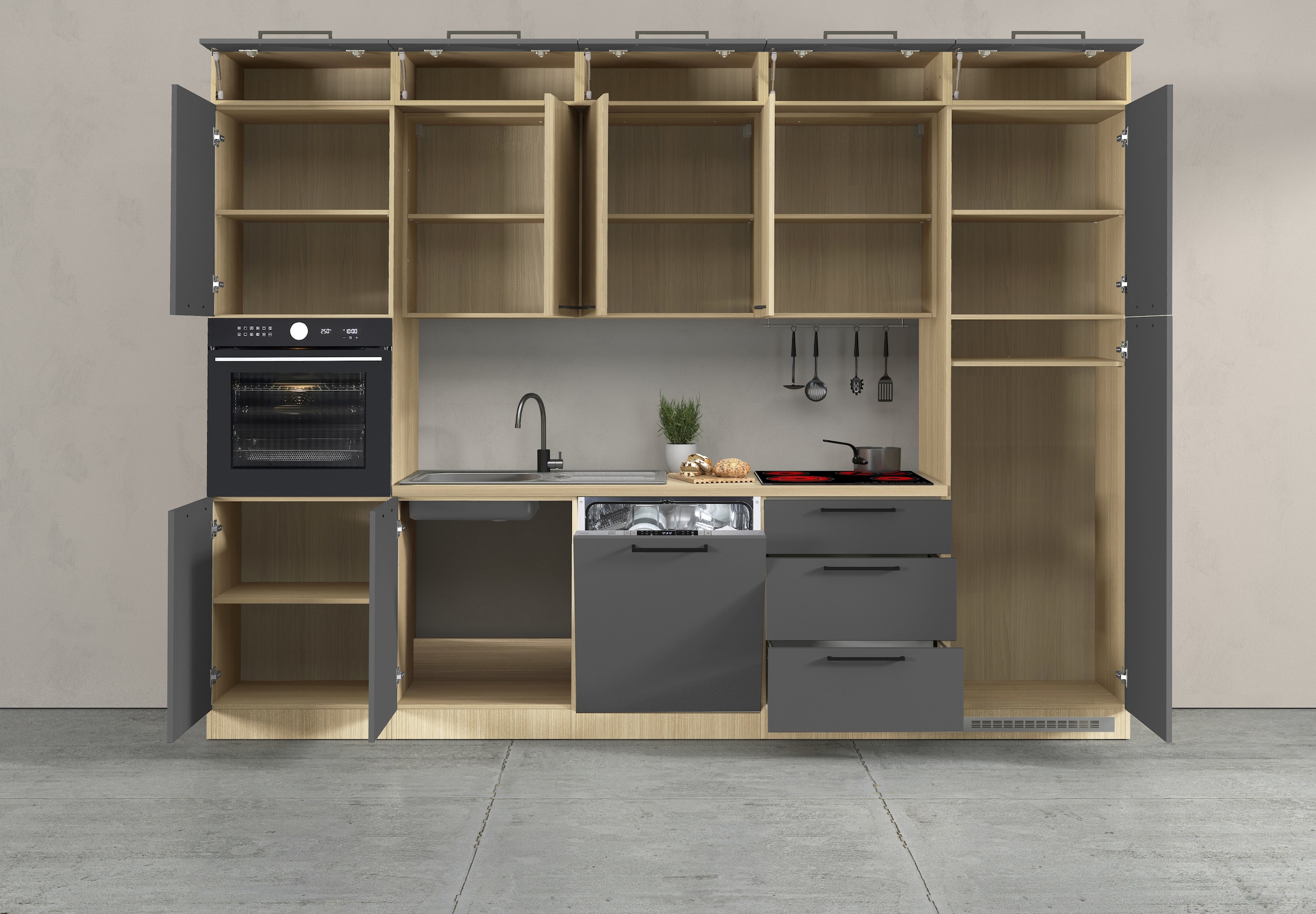 KOCHSTATION Kitchenette »Luna, Einbauküche, Zeilenküche, mit Soft-Close Funktion, Made in Italy« Breite 300 cm ohne E-Geräte, mit Spüle+Siphon und Aufsatz