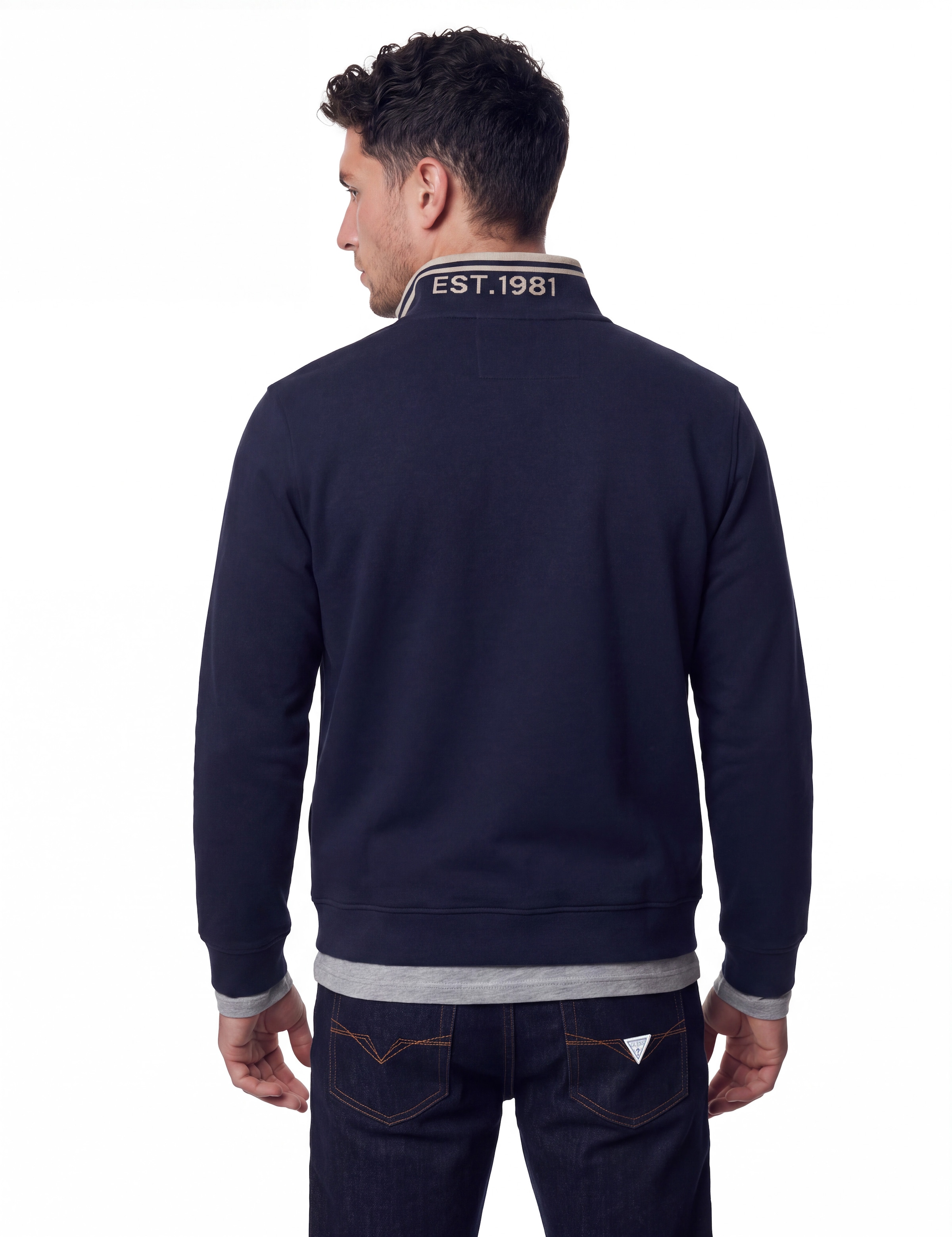 Guess Veste sweat »FULL ZIP-UP TRUCKER« col montant avec inscription GUESS, poche kangourou