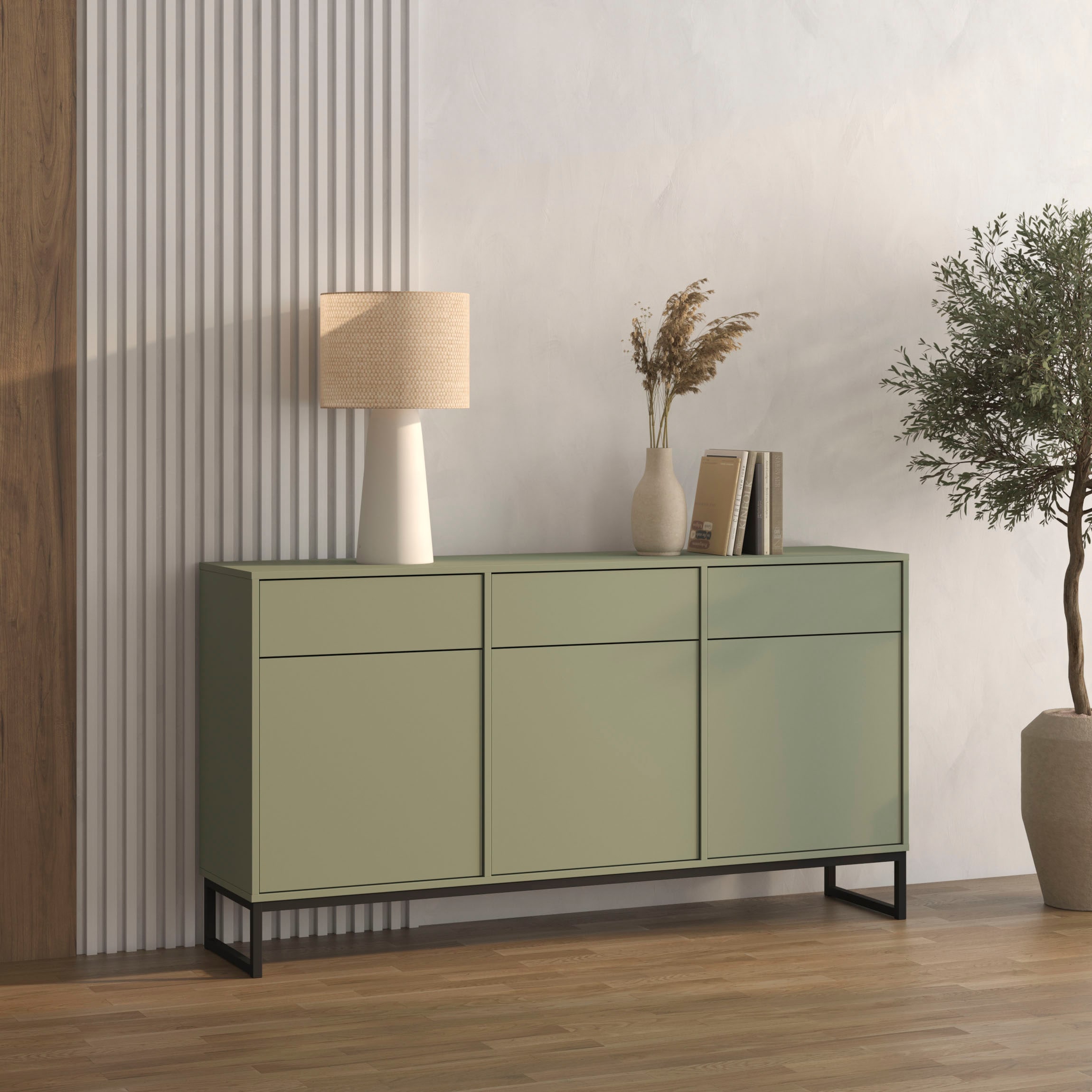 GOODproduct Buffet »Loft, Breite 157 cm, grifflose Kommode 3 Türen/3 Schubkästen.« commode à tiroirs avec beaucoup de rangement, étagères réglables