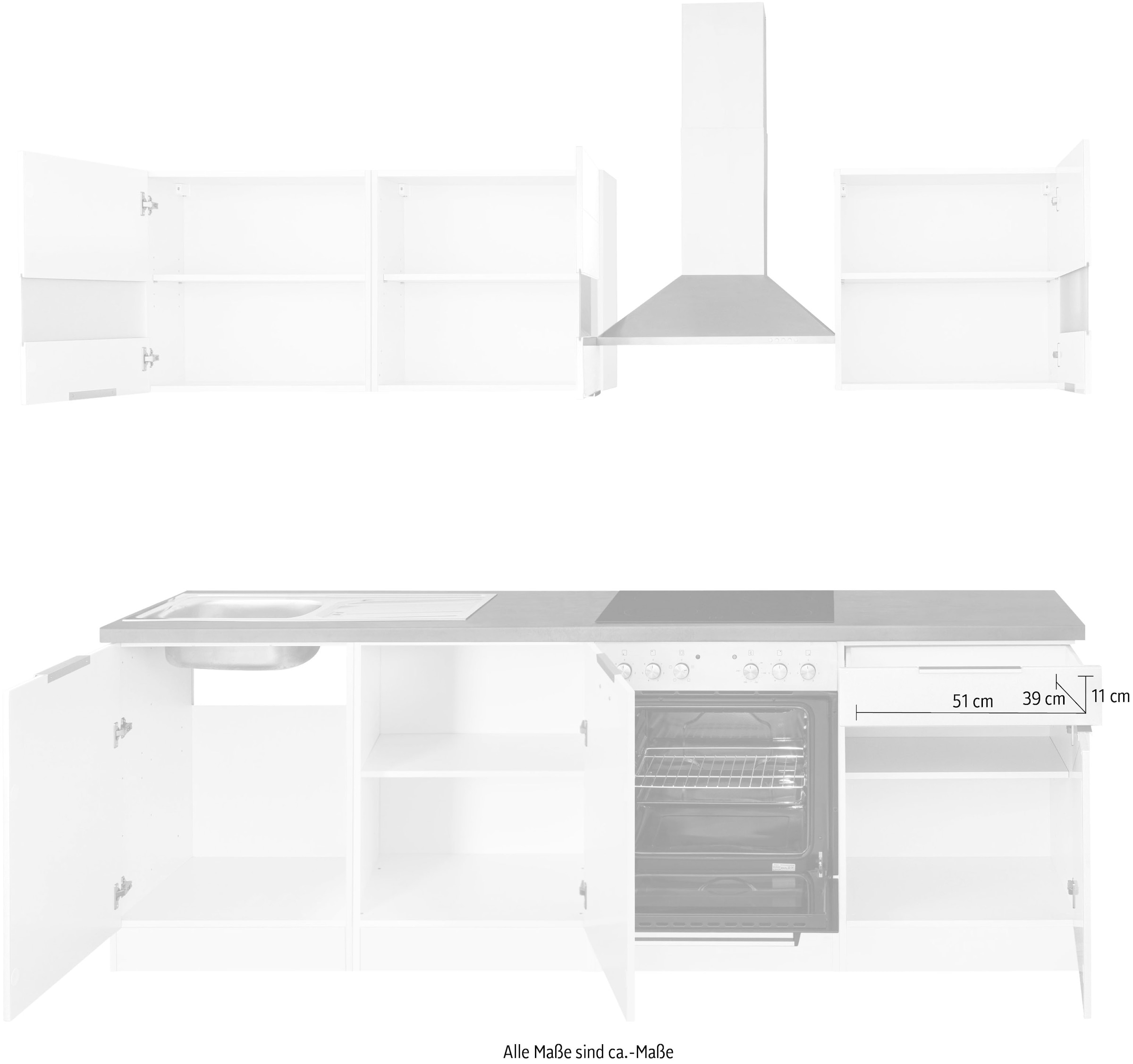 KOCHSTATION Küchenzeile »KS-Luhe« 240 cm breit, wahlweise mit oder ohne E-Geräten, gefräste MDF-Fronten