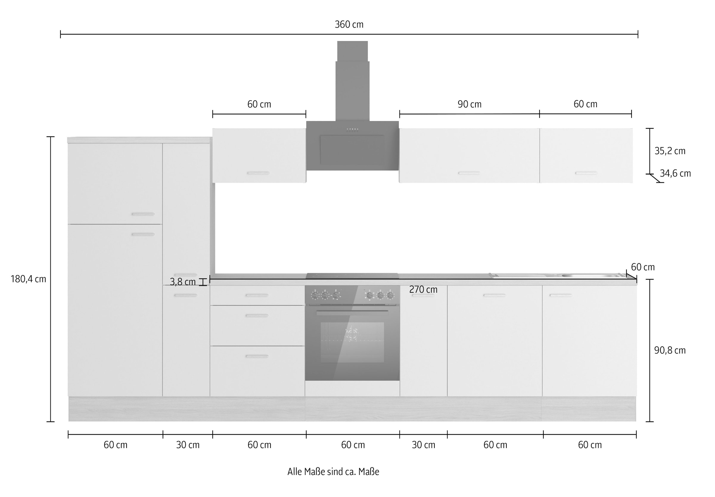 KOCHSTATION Kitchenette »KS-Sion« Breite 360 cm, neue Technik: OPTIsnap, wahlweise mit E-Geräten