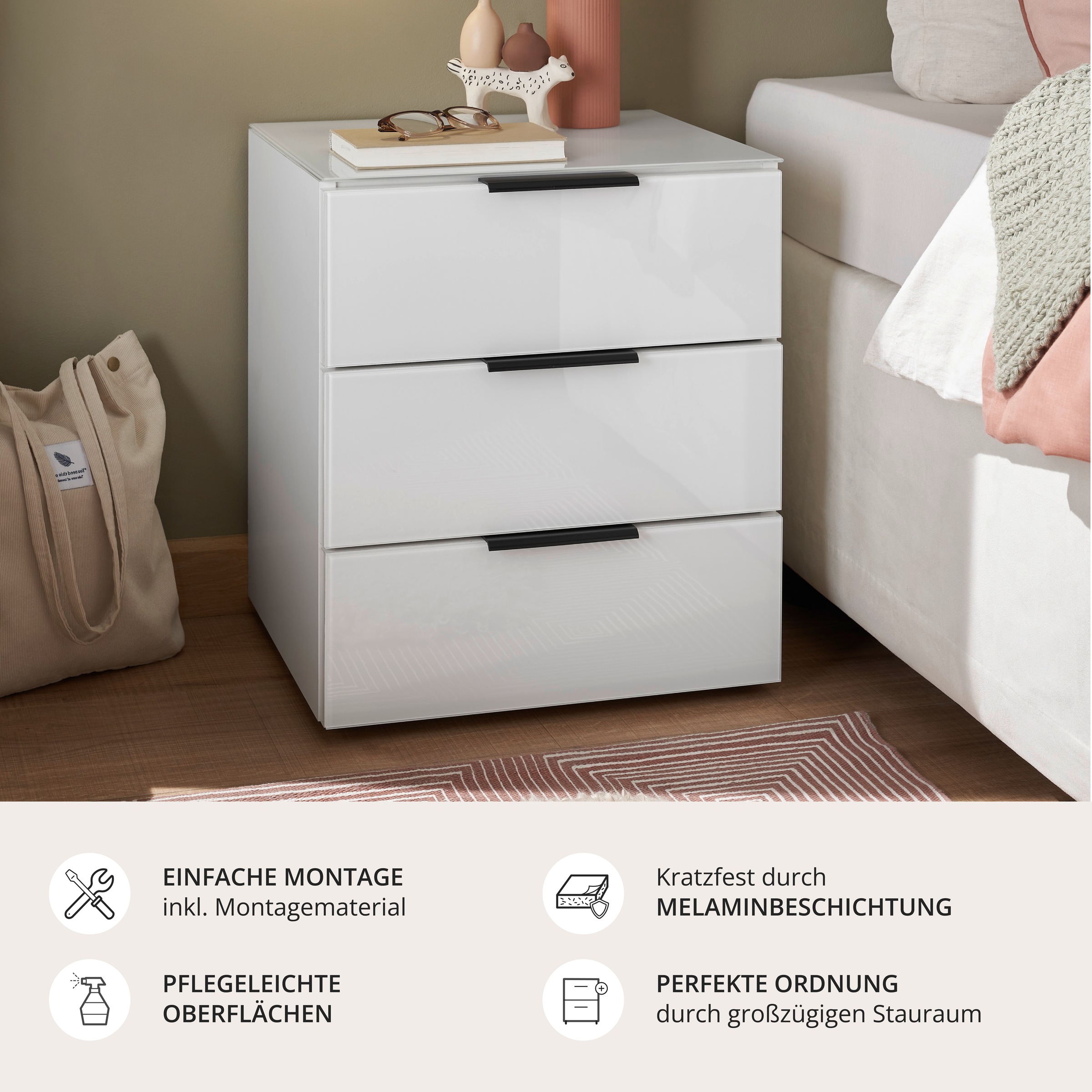 Schlafkontor Table de nuit »Pari Nachtkonsole, Nachtschrank, Nachttisch« mit 3 Schubkastenfronten aus Glas