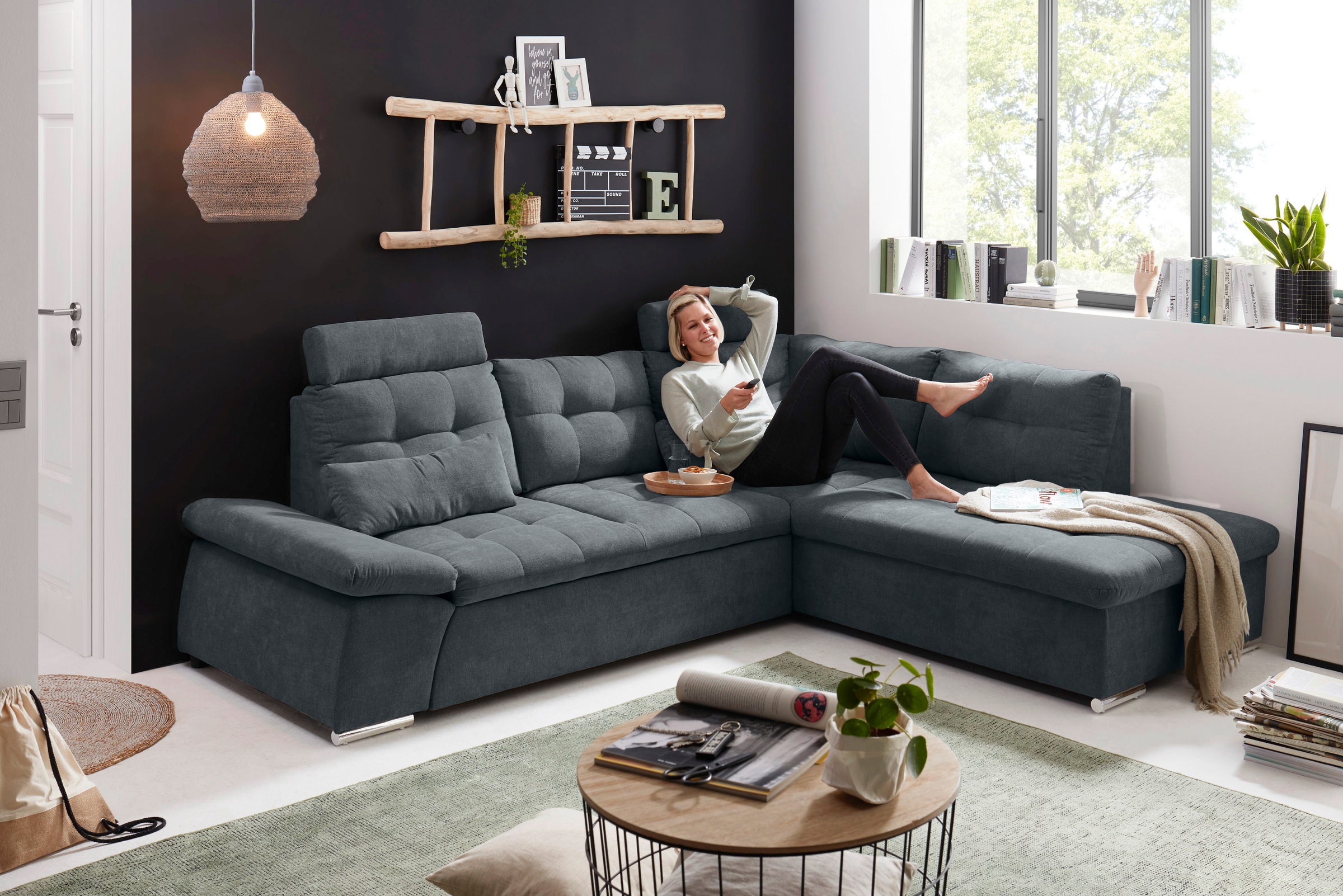 ED EXCITING DESIGN Ecksofa »Nalo L-Form« mit Bettfunktion, Armteilverstellung, Kopfstützen & 2 Nierenkissen