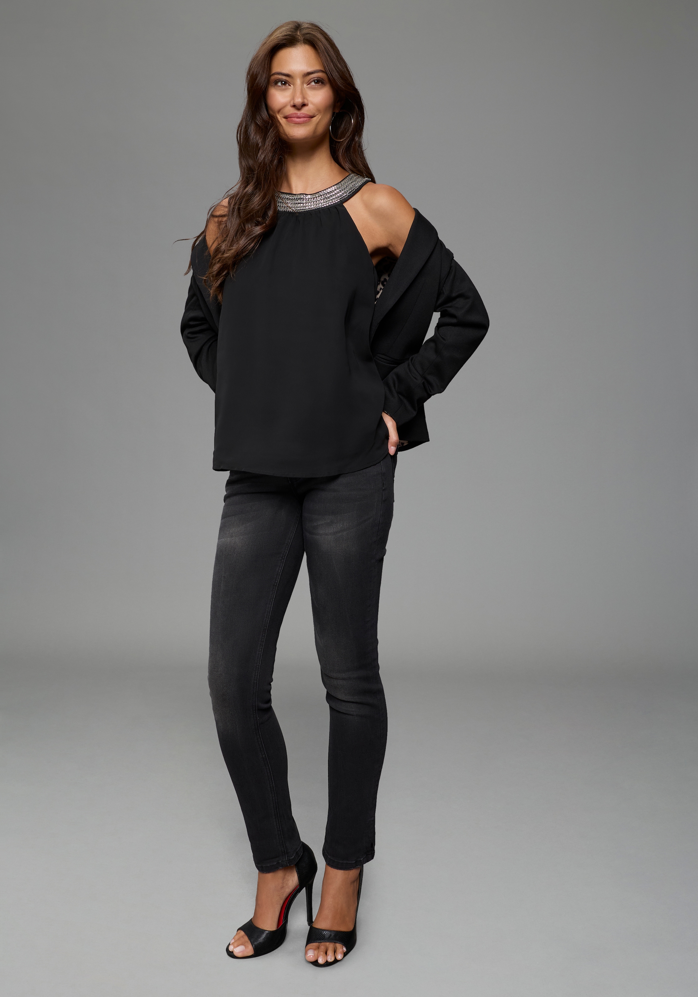 Laura Scott Top chemisier mit Rundhalsausschnitt, A-Linie, hüftlange Schnittform